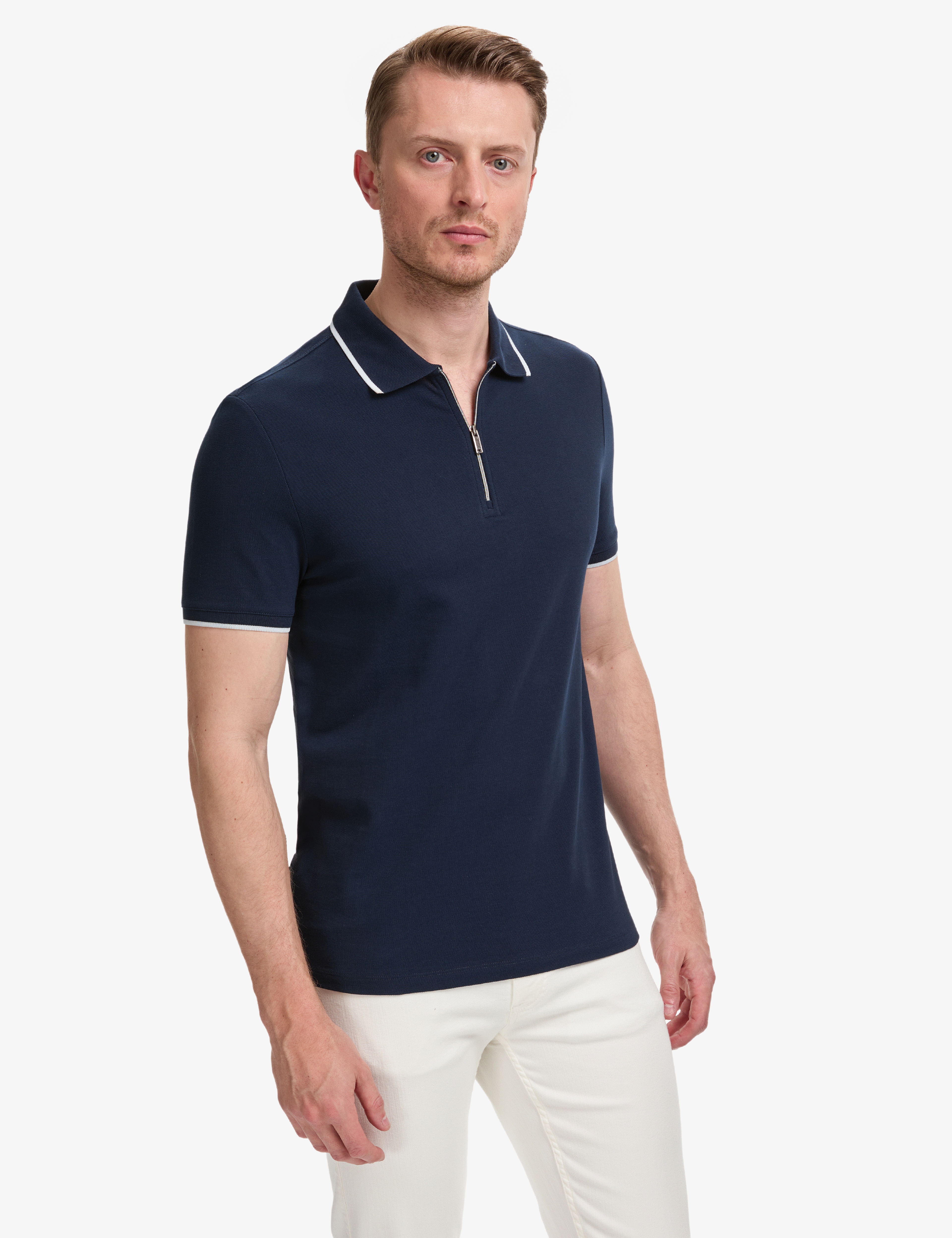 Lacivert Slim Fit %100 Pamuk Fermuarlı Polo Yaka Tişört
