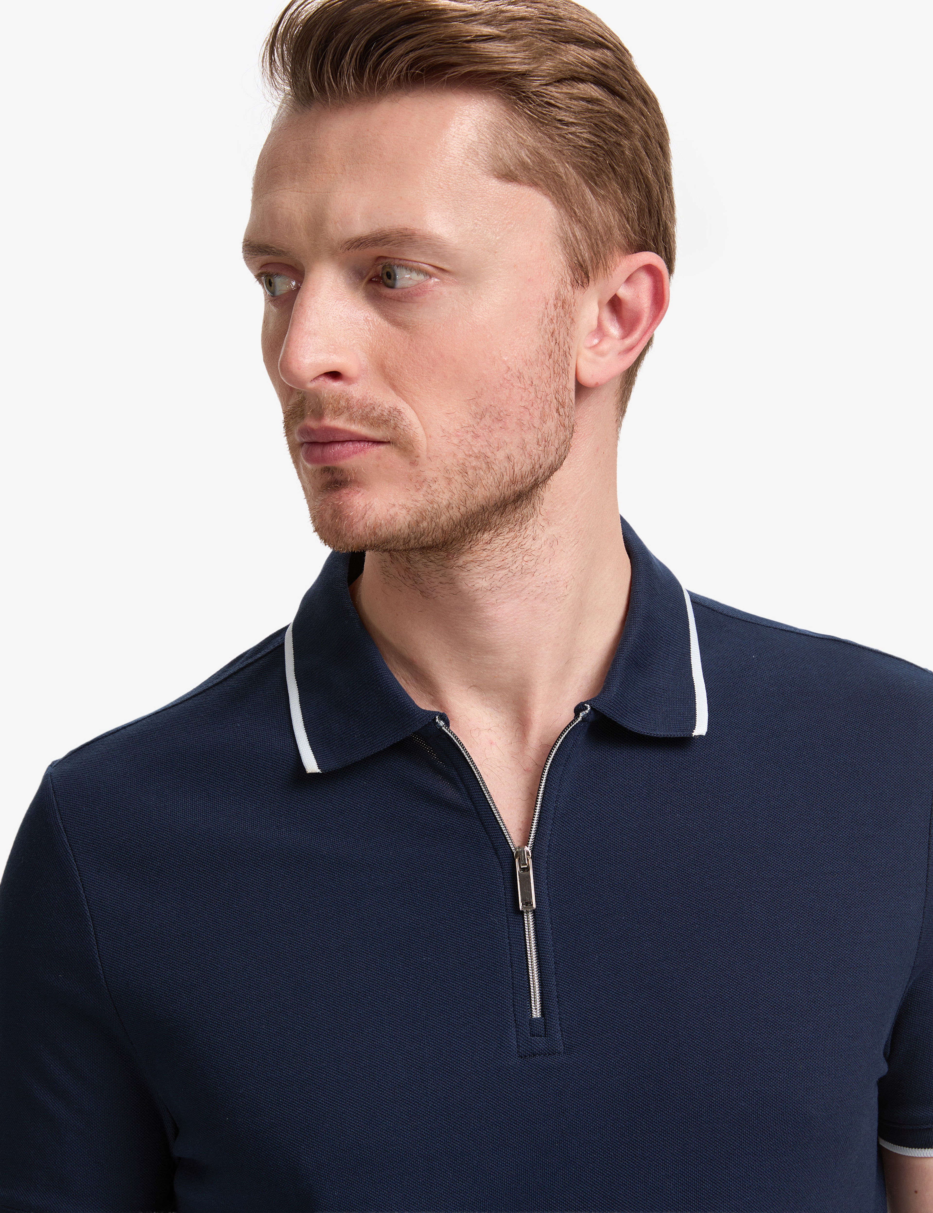 Lacivert Slim Fit %100 Pamuk Fermuarlı Polo Yaka Tişört