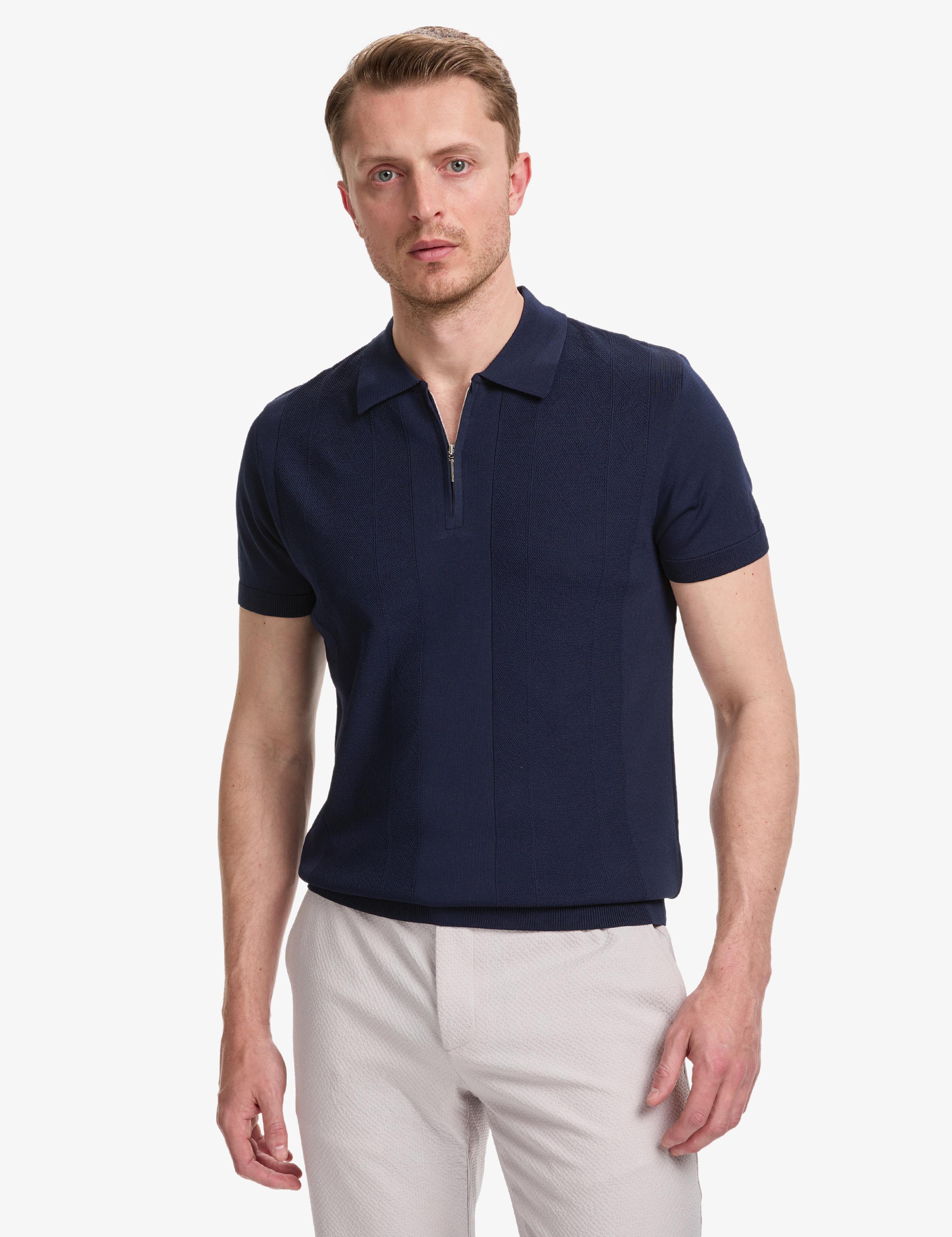 Lacivert Slim Fit Polo Yaka Fermuarlı Triko Tişört