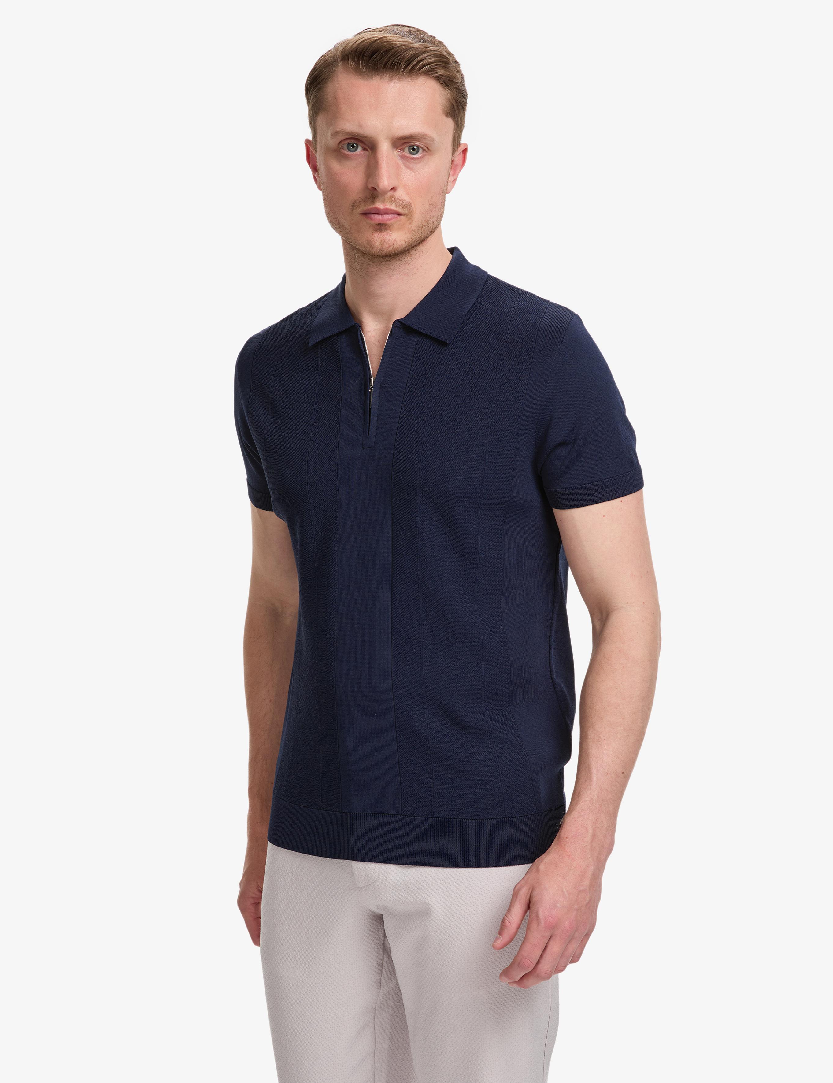 Lacivert Slim Fit Polo Yaka Fermuarlı Triko Tişört