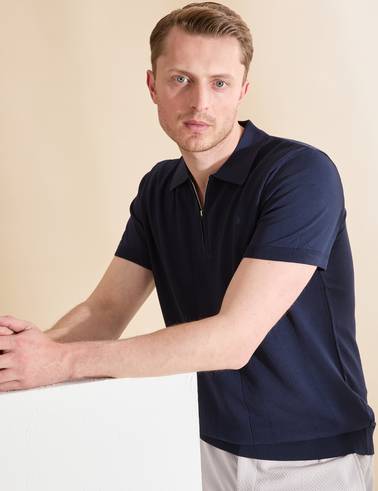 Lacivert Slim Fit Polo Yaka Fermuarlı Triko Tişört
