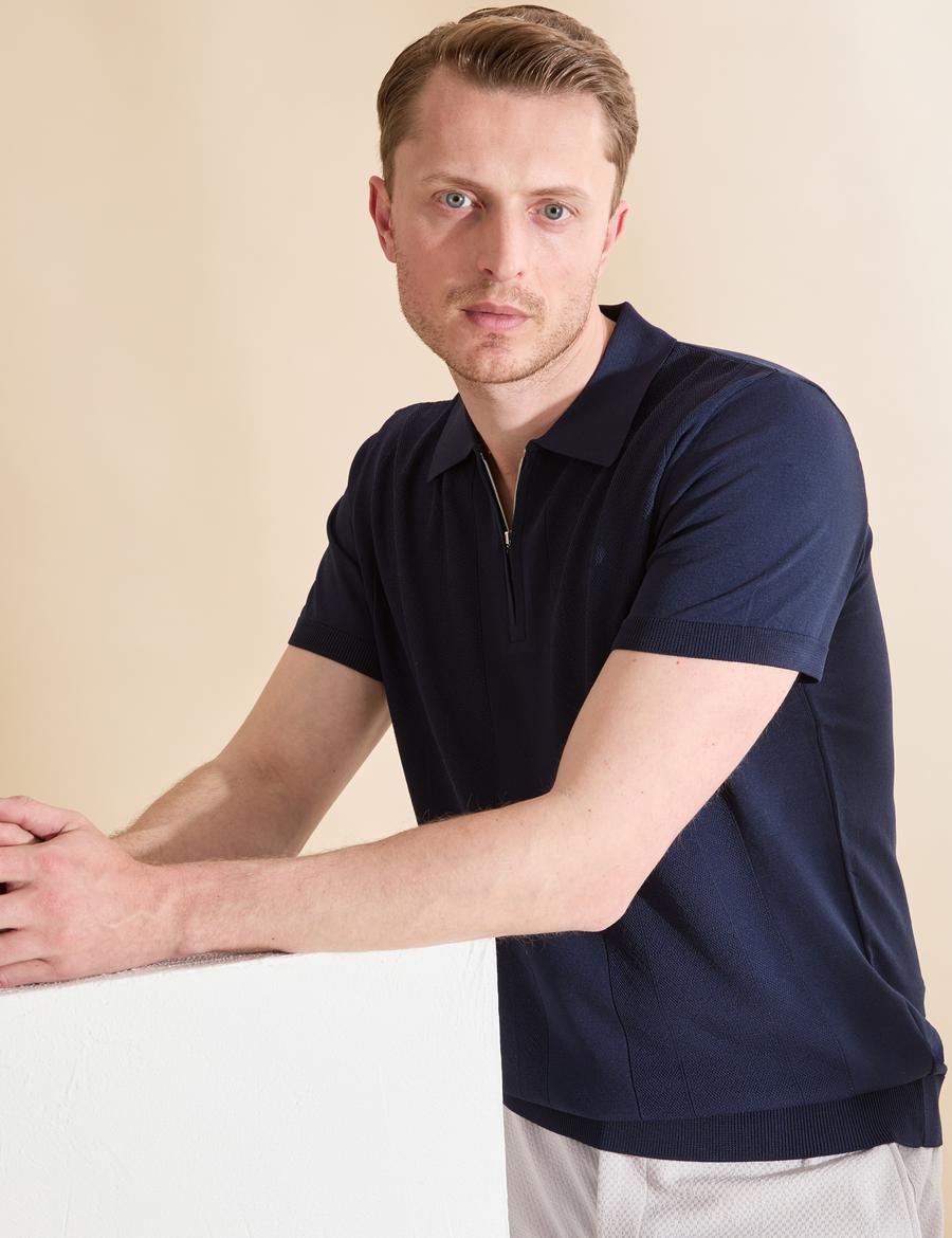 Lacivert Slim Fit Polo Yaka Fermuarlı Triko Tişört