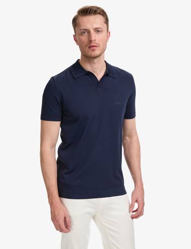Lacivert Slim Fit Apaş Yaka Triko Tişört
