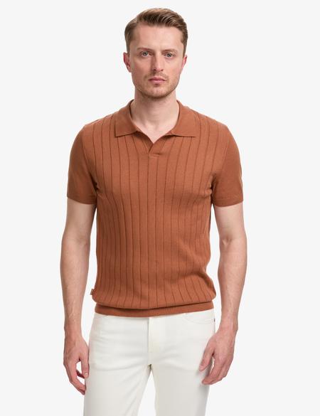 Açık Kahverengi Slim Fit Apaş Yaka Triko Tişört - 50325074021