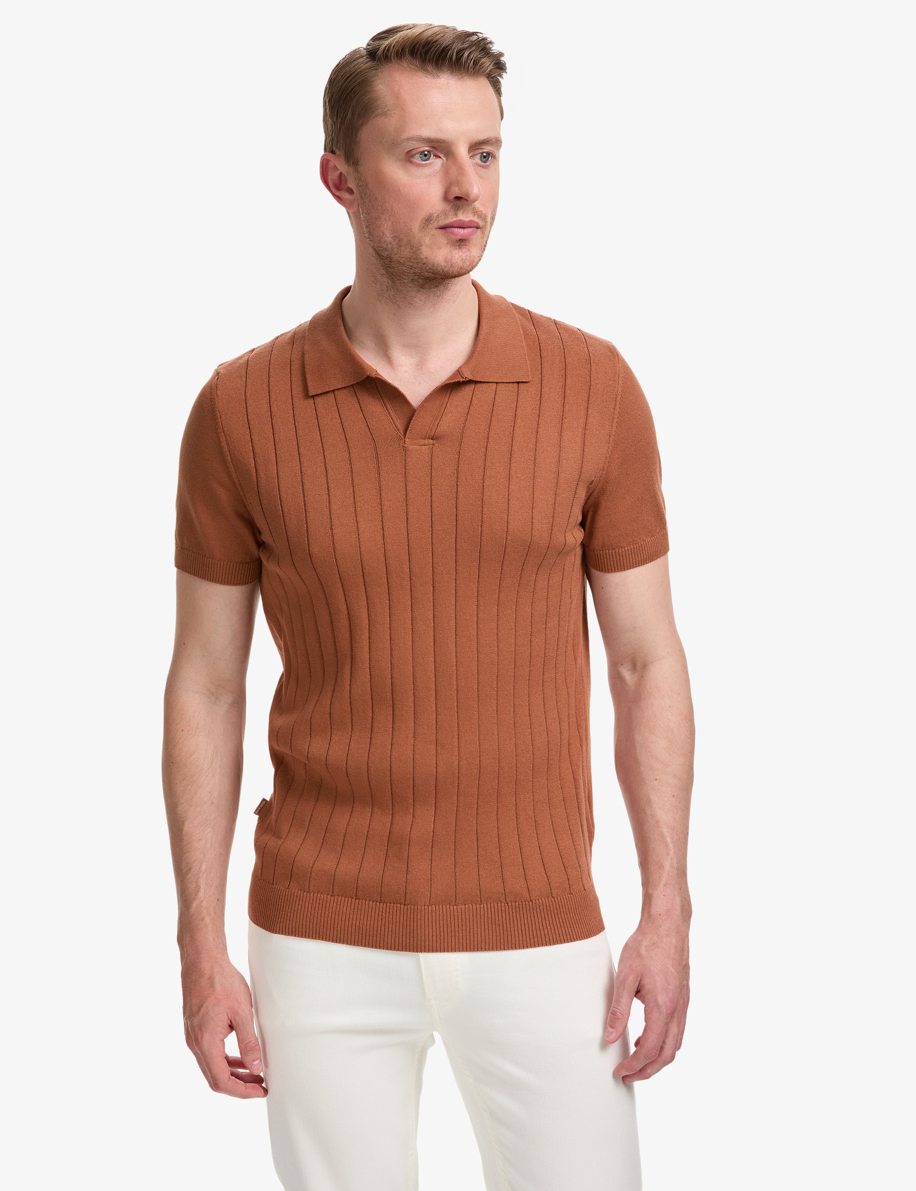 Açık Kahverengi Slim Fit %100 Pamuk Apaş Yaka Triko Tişört