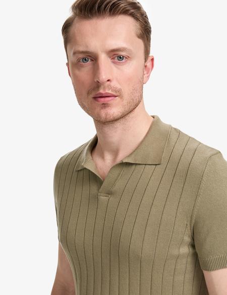 Haki Slim Fit Apaş Yaka Triko Tişört - 50325074011