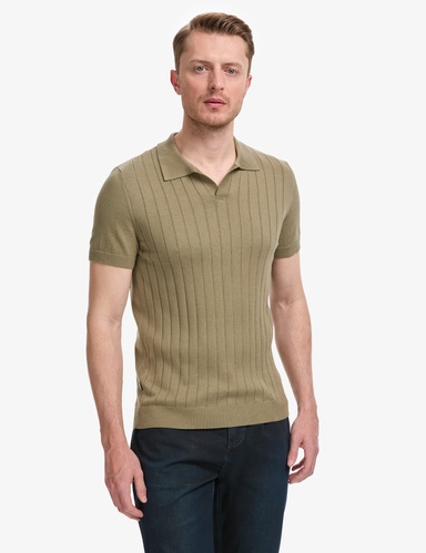 Haki Slim Fit %100 Pamuk Apaş Yaka Triko Tişört