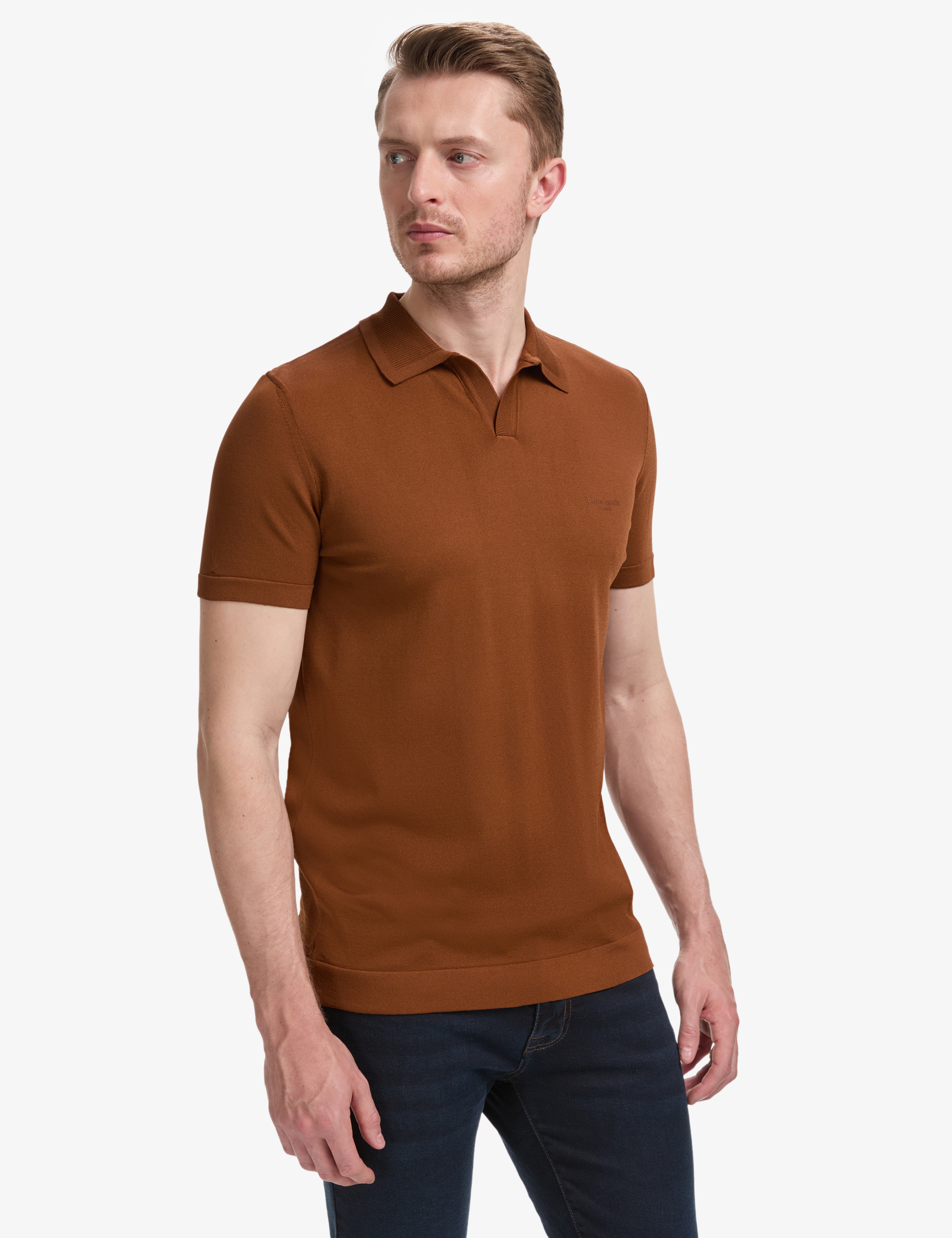 Açık Kahverengi Slim Fit Apaş Yaka Triko Tişört - Image 3