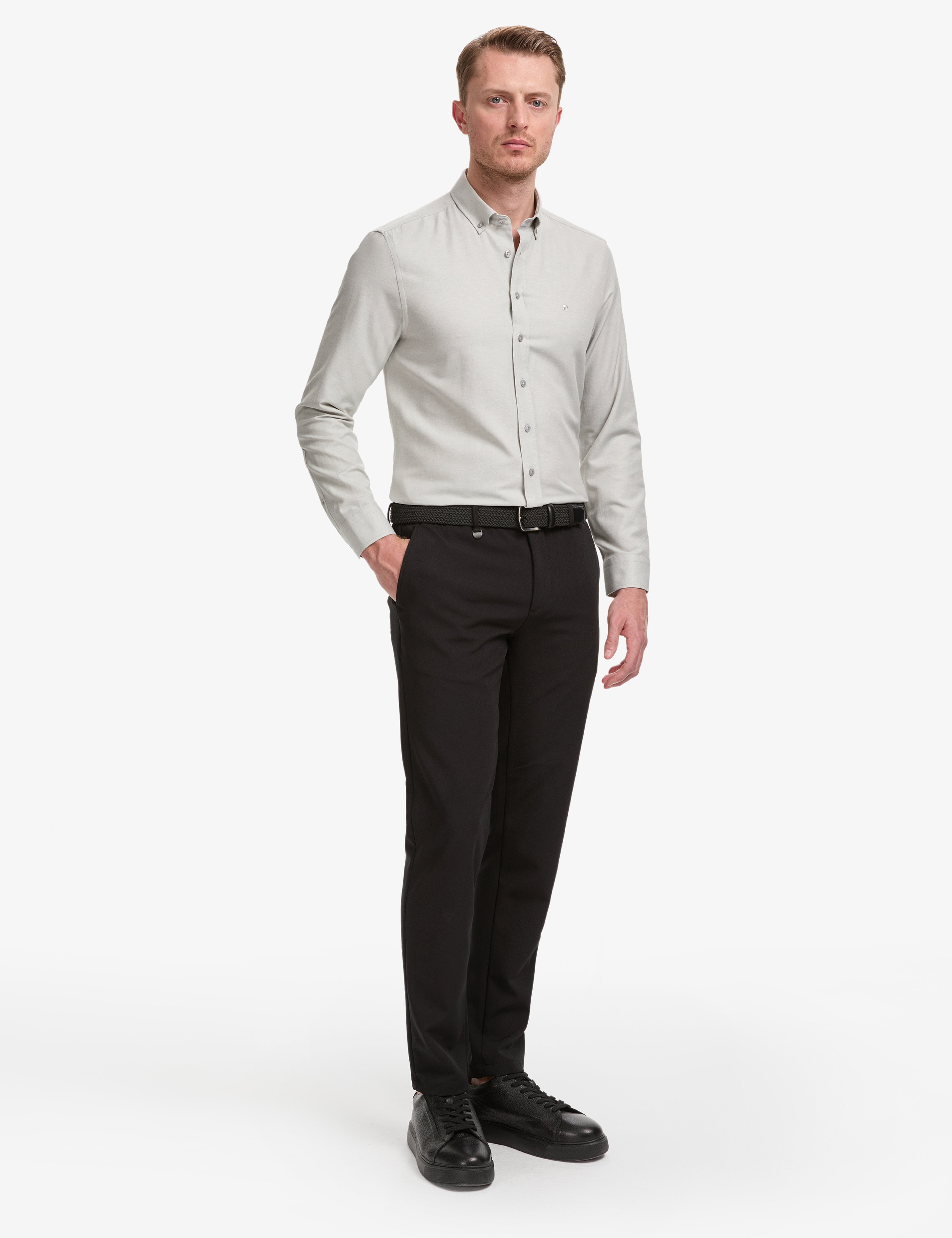 Gri Oxford Slim Fit Kolay Ütülenebilir Gömlek
