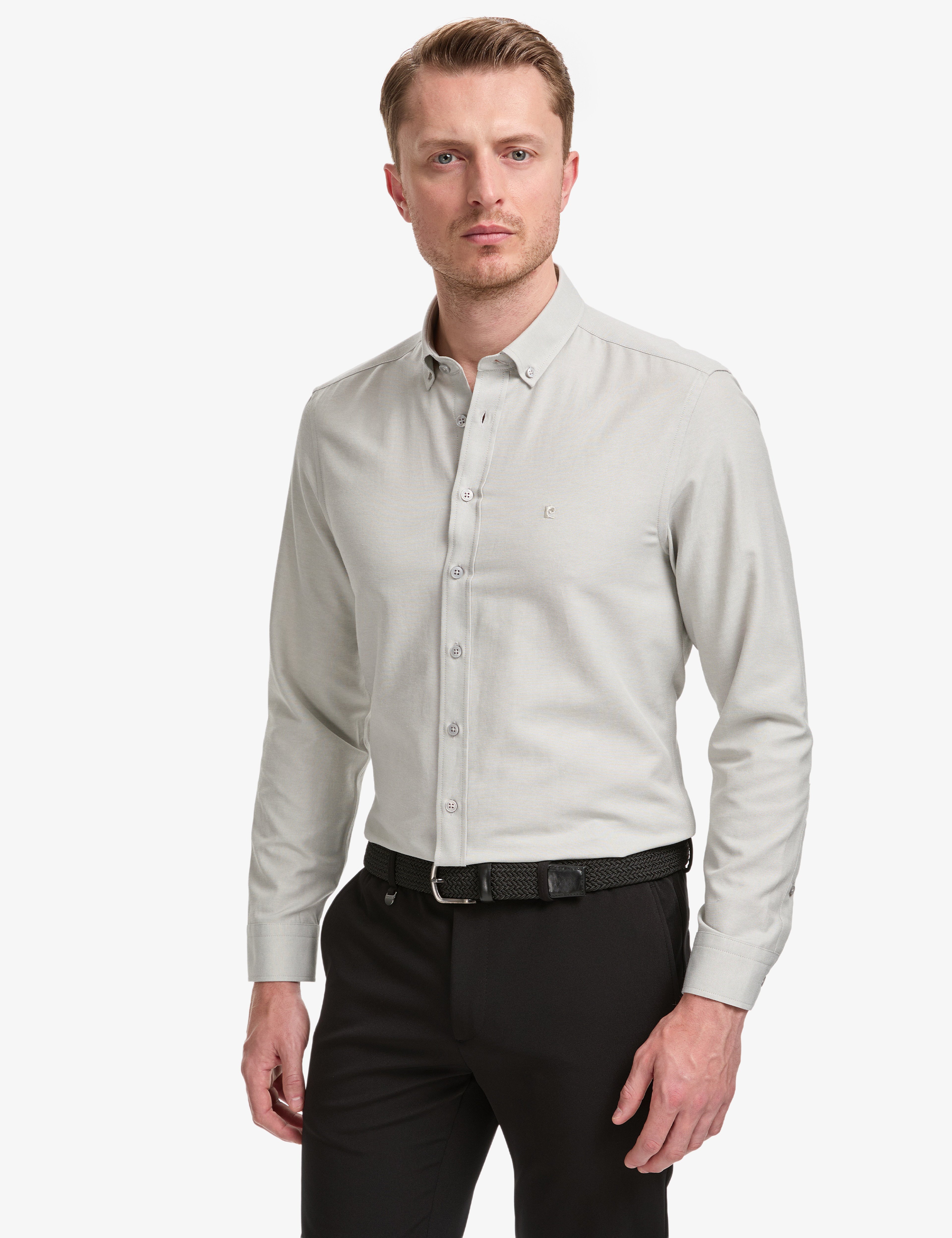 Gri Oxford Slim Fit Kolay Ütülenebilir Gömlek - Image 1