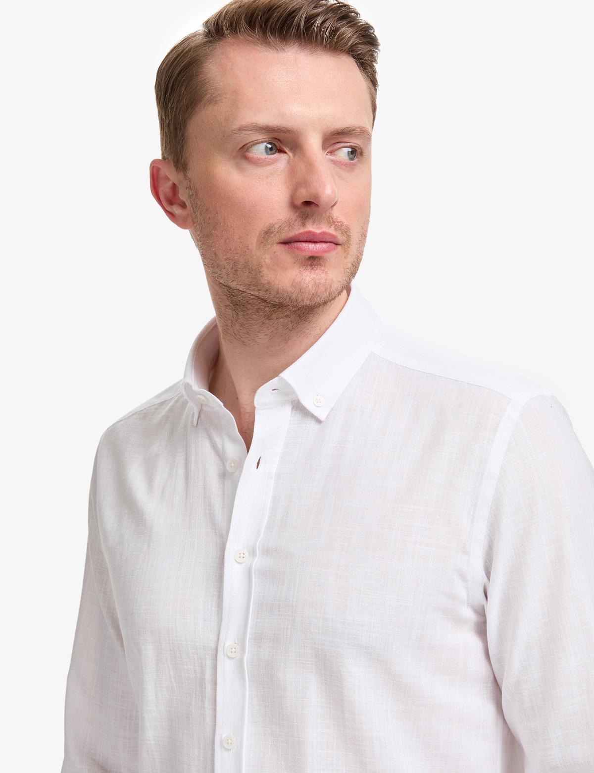 Beyaz %100 Pamuk Keten Görünümlü Slim Fit Uzun Kollu Gömlek - 50325355078