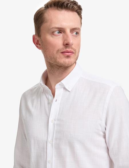 Beyaz %100 Pamuk Keten Görünümlü Slim Fit Uzun Kollu Gömlek - 50325355078