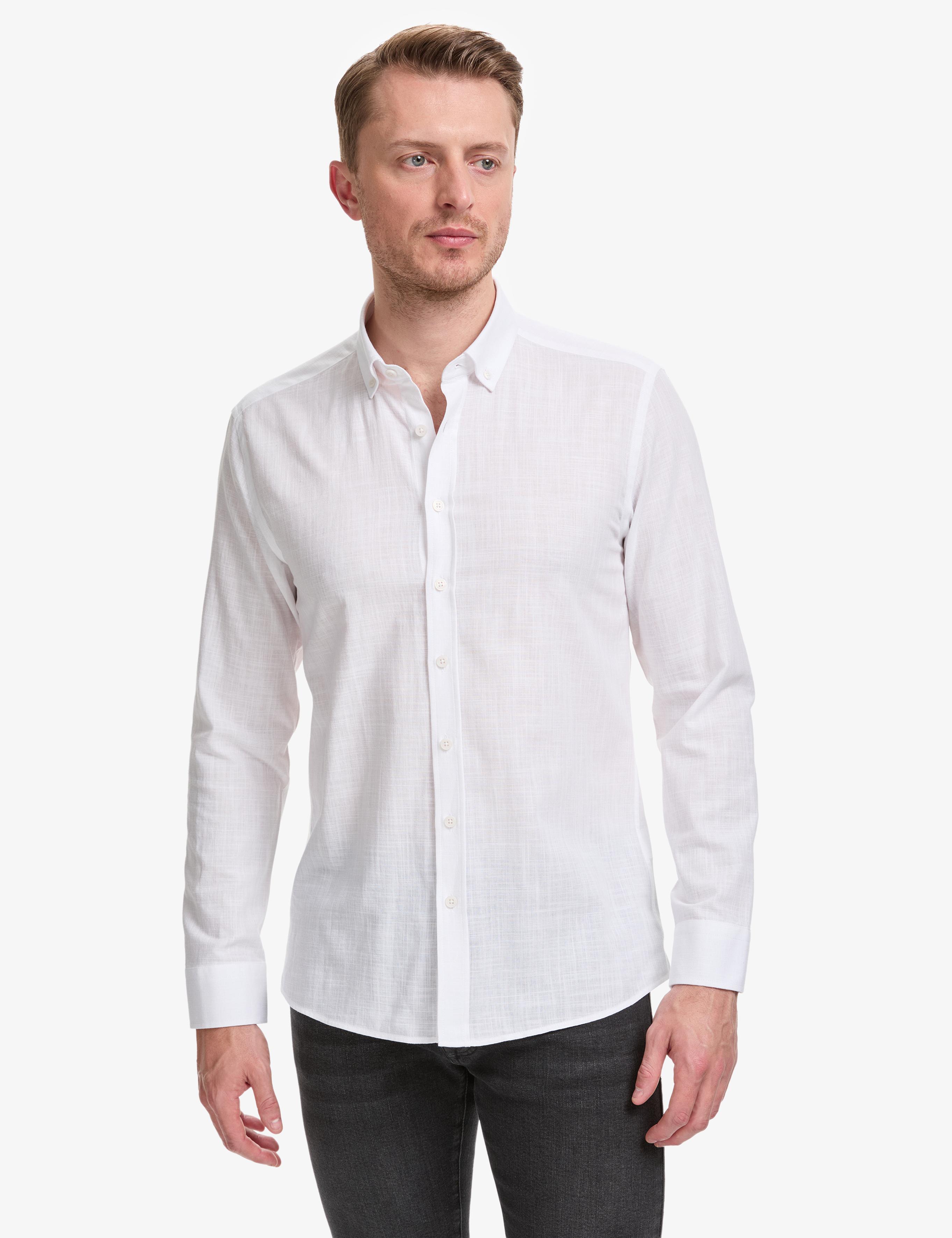 Beyaz %100 Pamuk Keten Görünümlü Slim Fit Uzun Kollu Gömlek