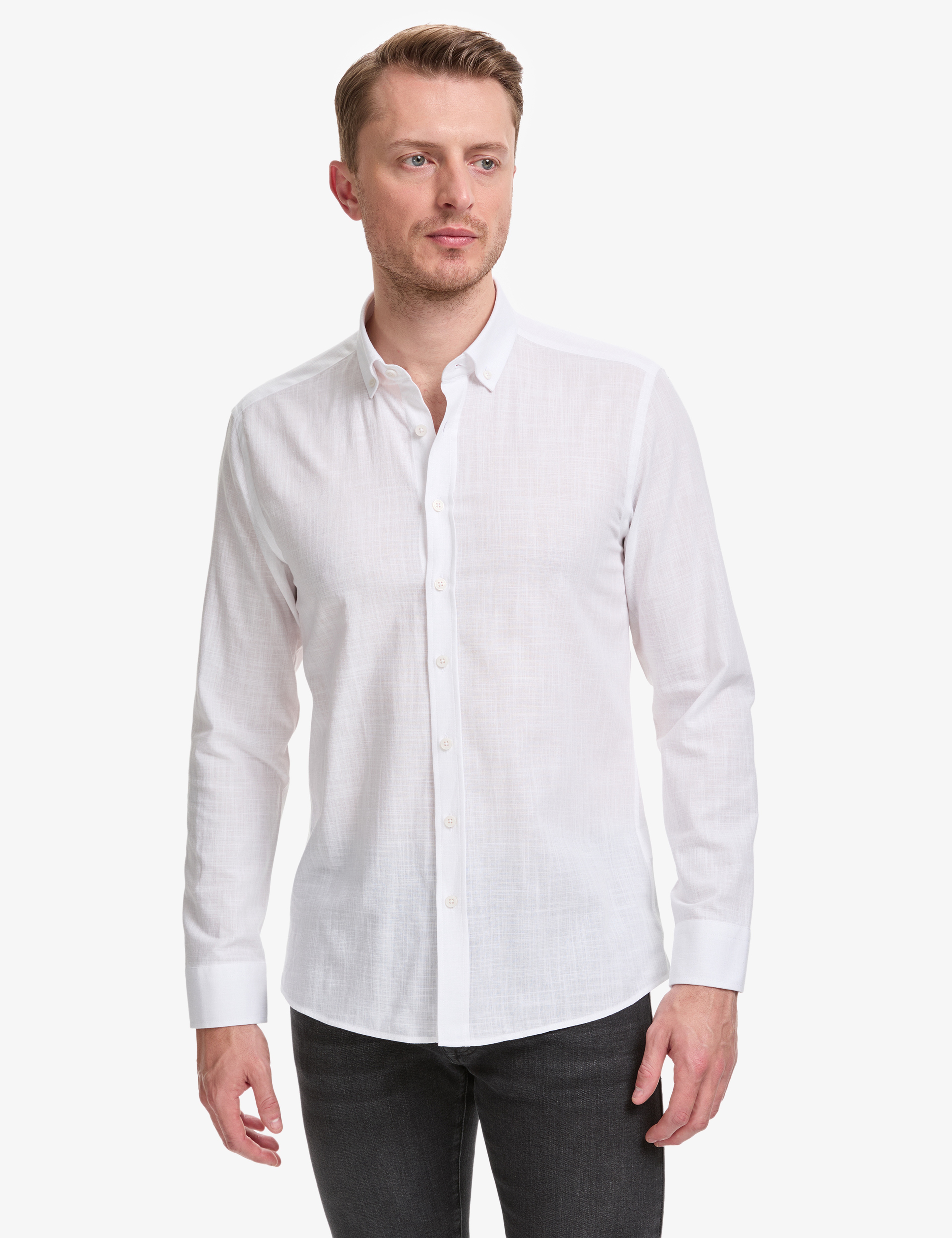 Beyaz %100 Pamuk Keten Görünümlü Slim Fit Uzun Kollu Gömlek - Image 3