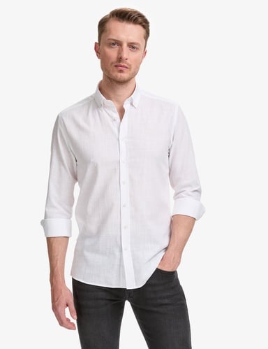 Beyaz %100 Pamuk Keten Görünümlü Slim Fit Uzun Kollu Gömlek