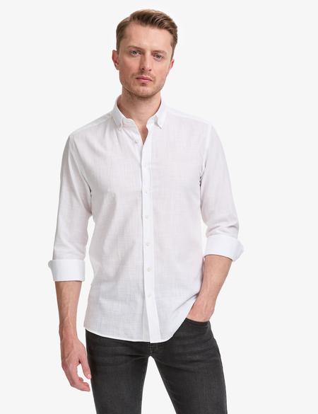 Beyaz %100 Pamuk Keten Görünümlü Slim Fit Uzun Kollu Gömlek - 50325355078