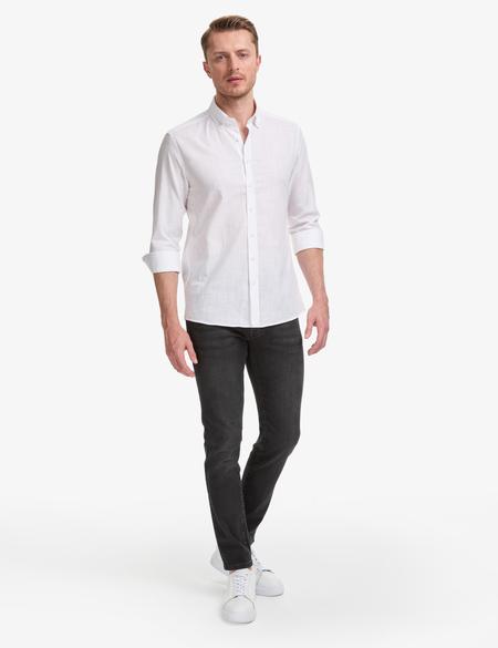 Beyaz %100 Pamuk Keten Görünümlü Slim Fit Uzun Kollu Gömlek - 50325355078