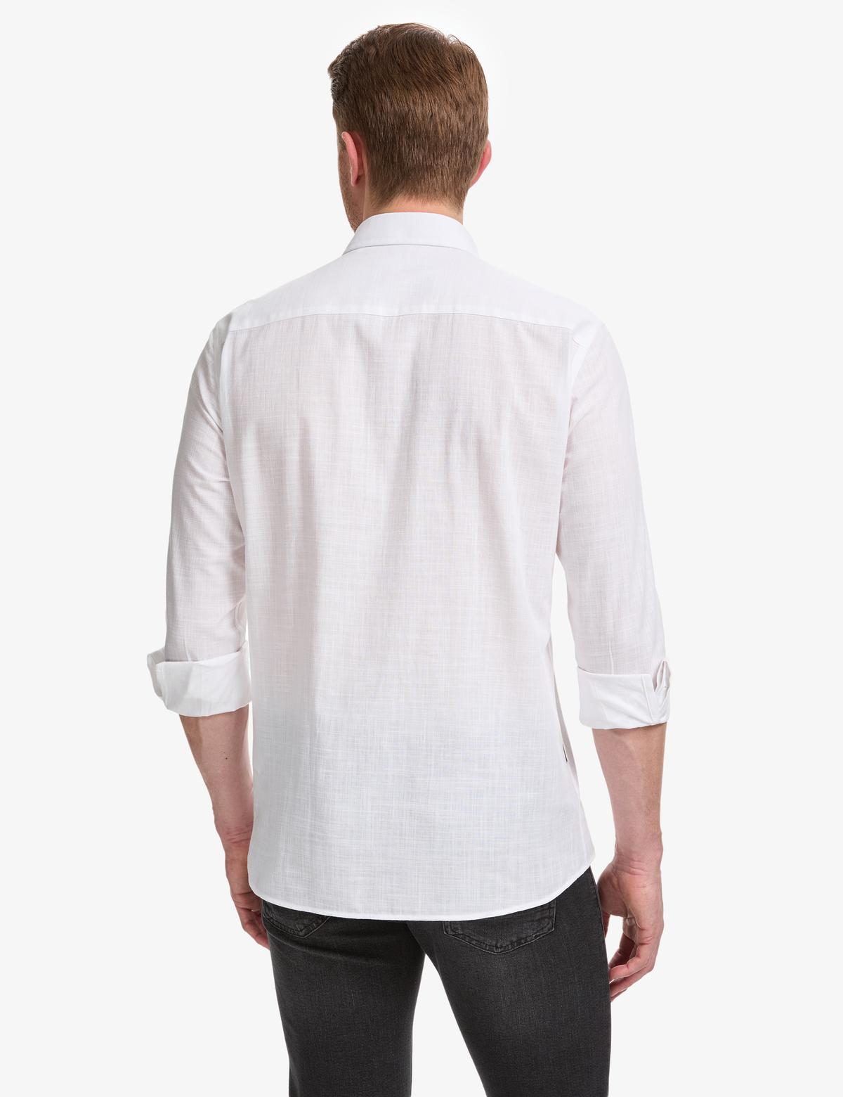 Beyaz %100 Pamuk Keten Görünümlü Slim Fit Uzun Kollu Gömlek - 50325355078
