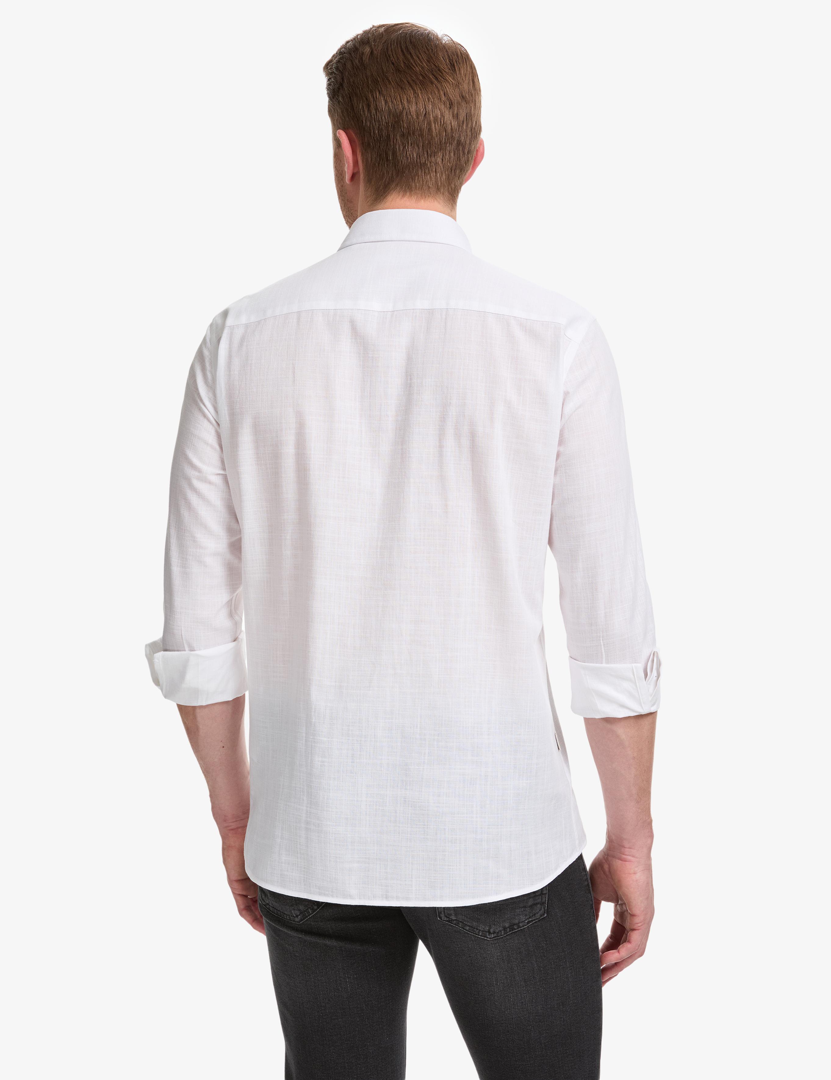 Beyaz %100 Pamuk Keten Görünümlü Slim Fit Uzun Kollu Gömlek