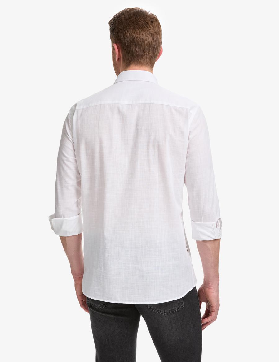 Beyaz %100 Pamuk Keten Görünümlü Slim Fit Uzun Kollu Gömlek