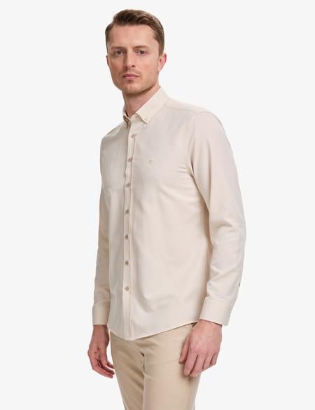 Bej Oxford Slim Fit Kolay Ütülenebilir Gömlek - 50325365044
