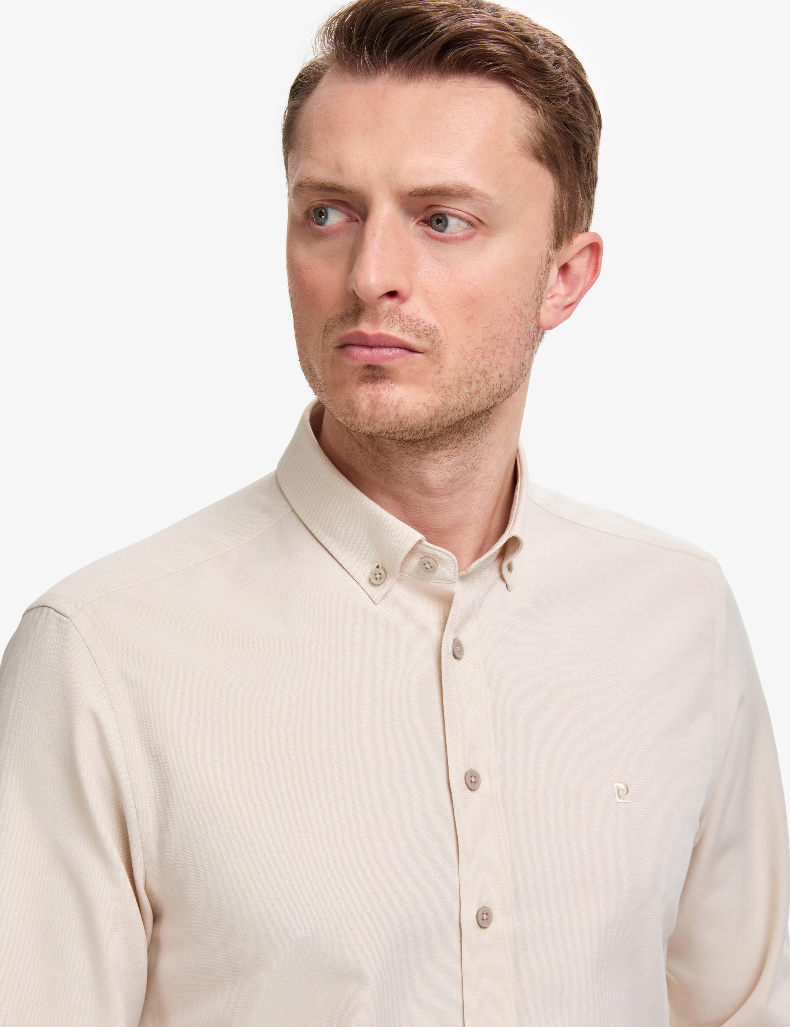 Bej Oxford Slim Fit Kolay Ütülenebilir Gömlek