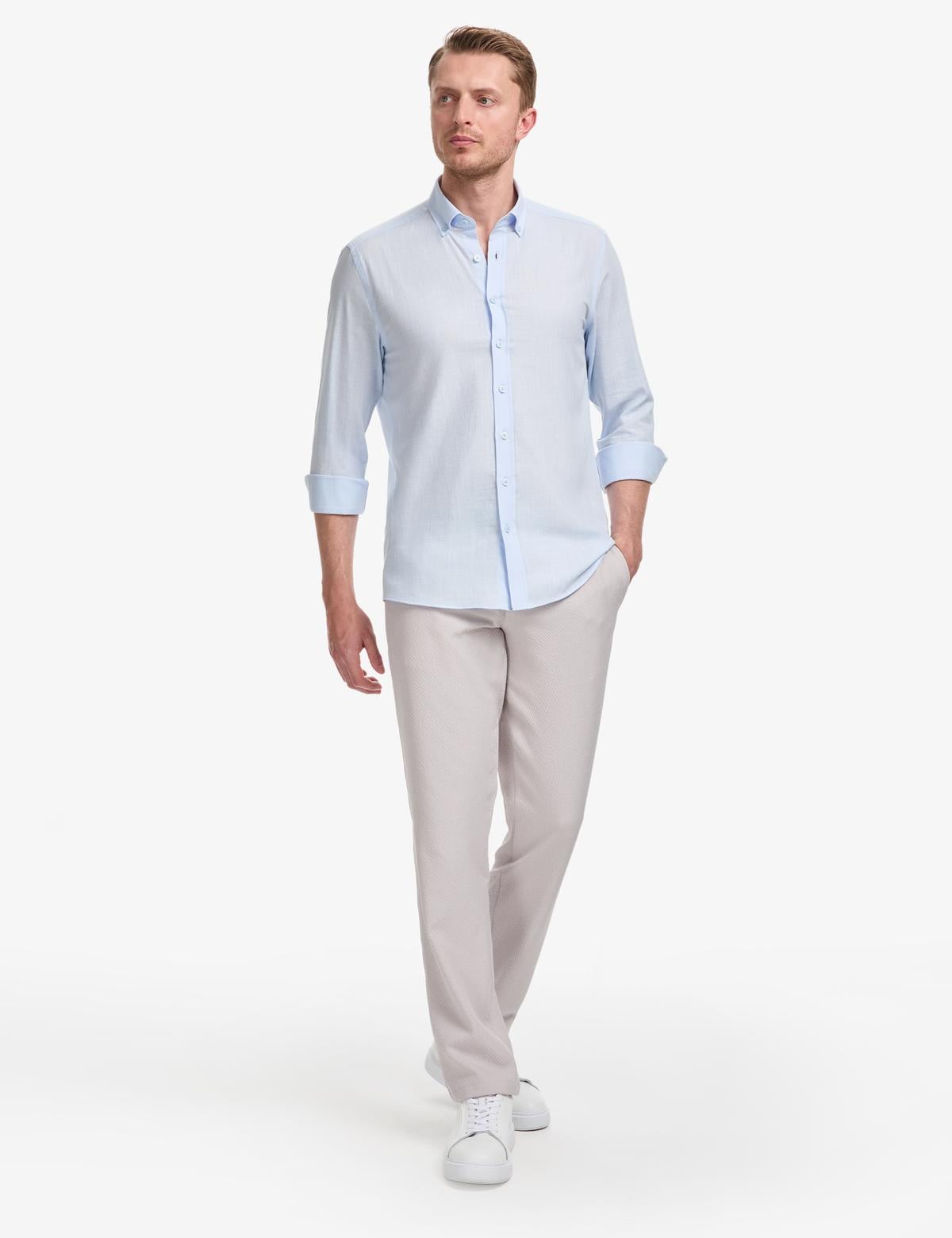 Açık Mavi %100 Pamuk Keten Görünümlü Slim Fit Uzun Kollu Gömlek - 50325355052