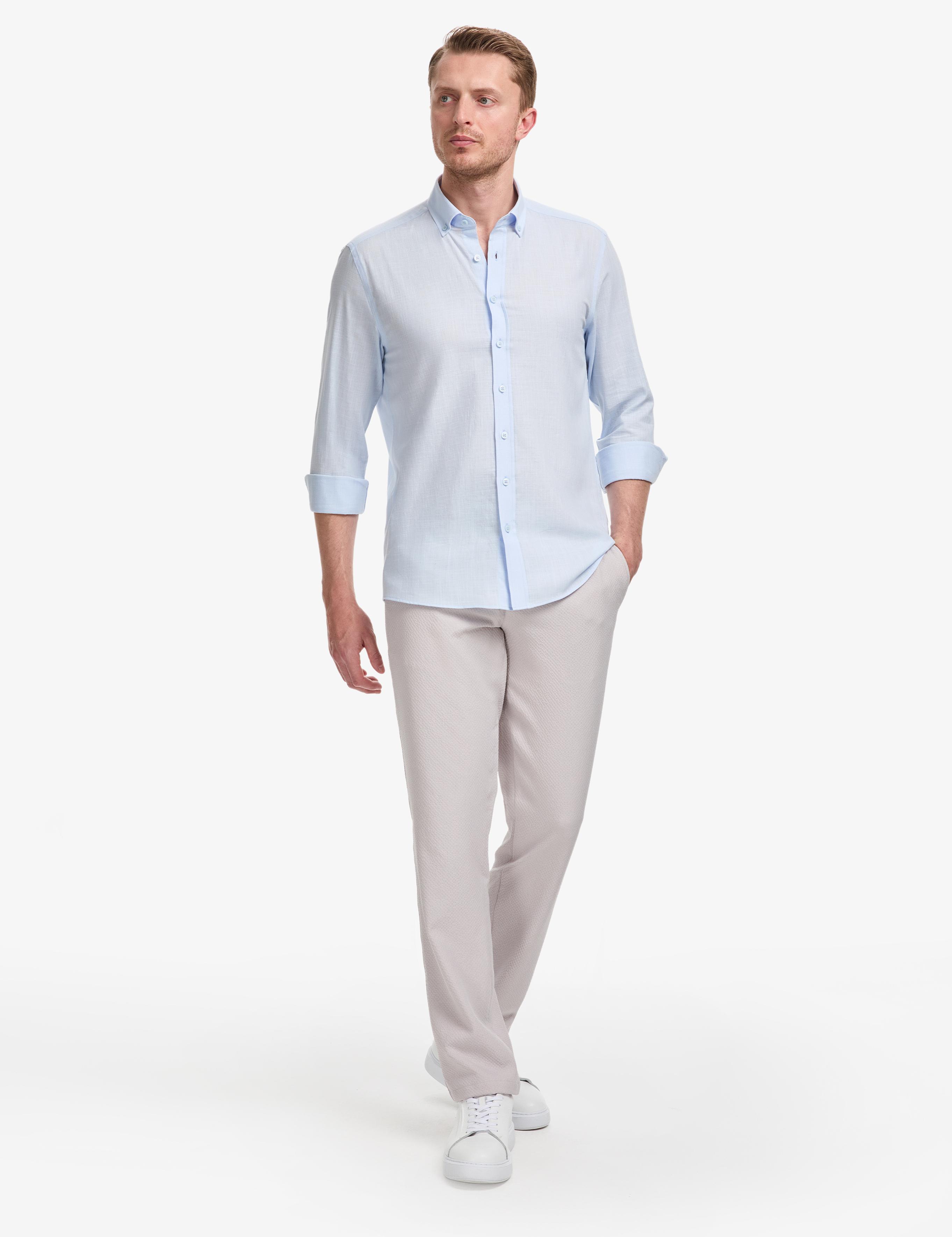 Açık Mavi %100 Pamuk Keten Görünümlü Slim Fit Uzun Kollu Gömlek