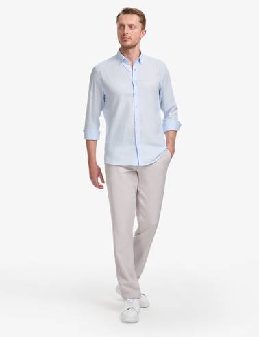Açık Mavi %100 Pamuk Keten Görünümlü Slim Fit Uzun Kollu Gömlek