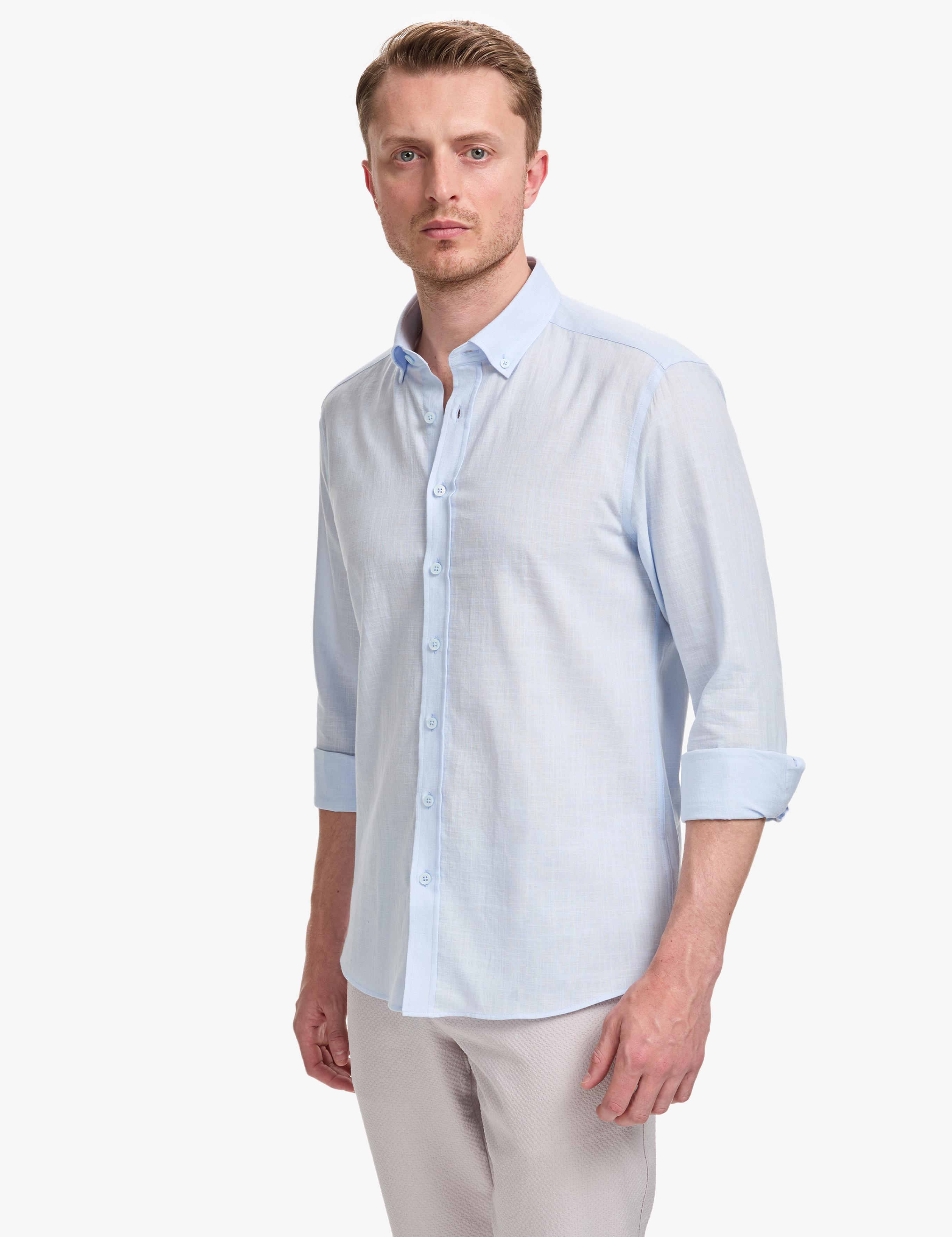 Açık Mavi %100 Pamuk Keten Görünümlü Slim Fit Uzun Kollu Gömlek