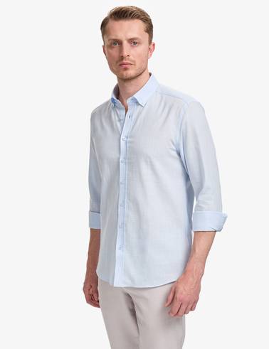Açık Mavi %100 Pamuk Keten Görünümlü Slim Fit Uzun Kollu Gömlek