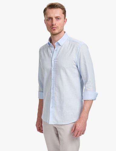 Açık Mavi %100 Pamuk Keten Görünümlü Slim Fit Uzun Kollu Gömlek