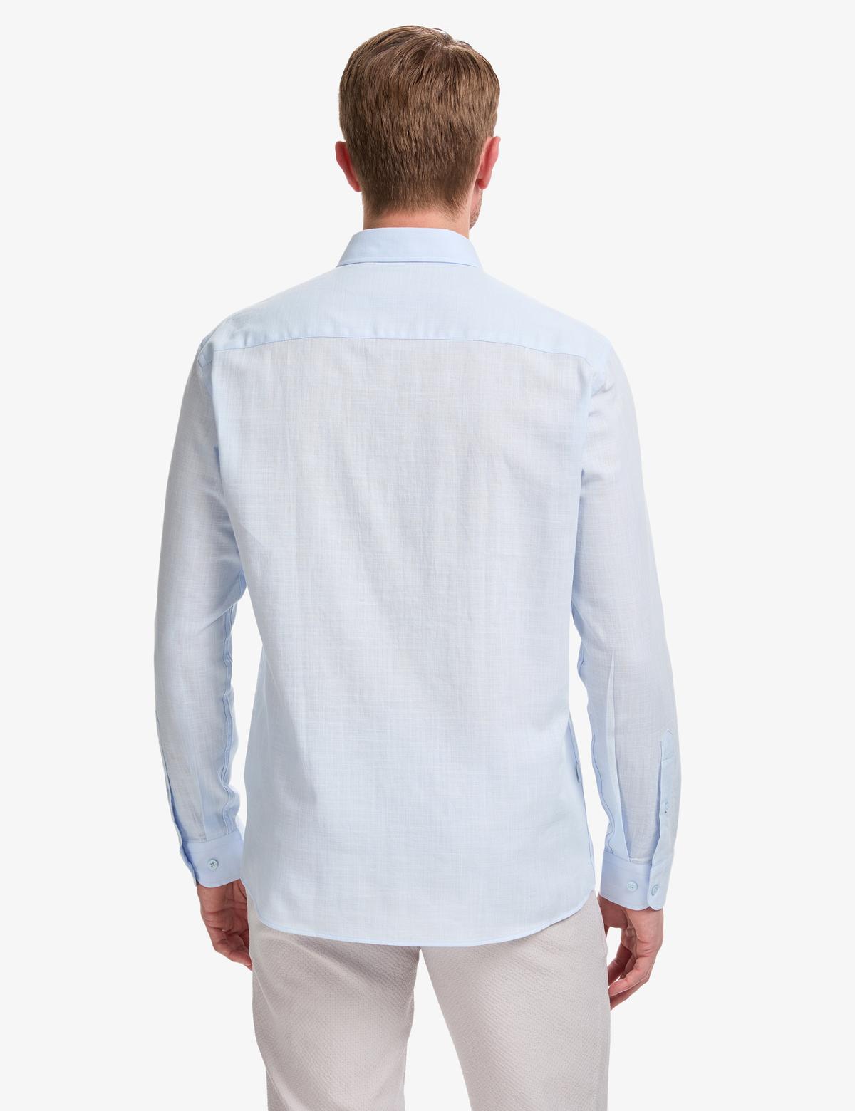 Açık Mavi %100 Pamuk Keten Görünümlü Slim Fit Uzun Kollu Gömlek - 50325355052