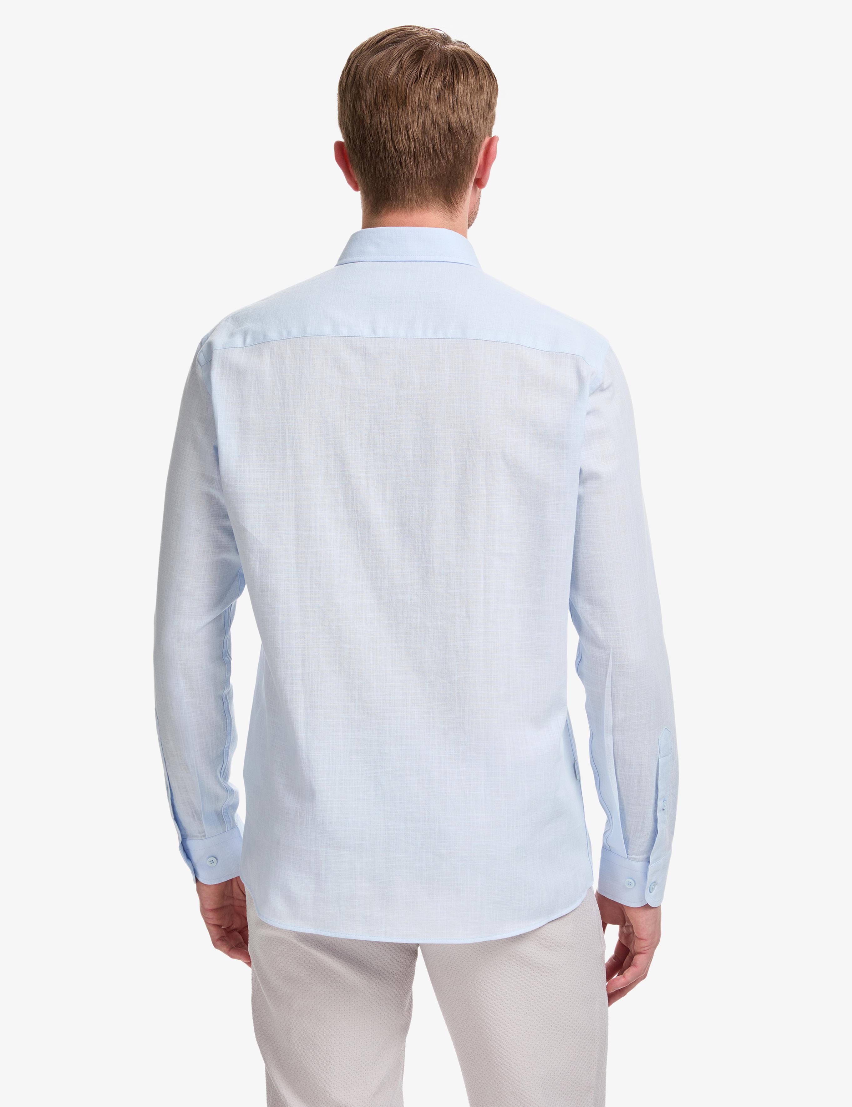 Açık Mavi %100 Pamuk Keten Görünümlü Slim Fit Uzun Kollu Gömlek