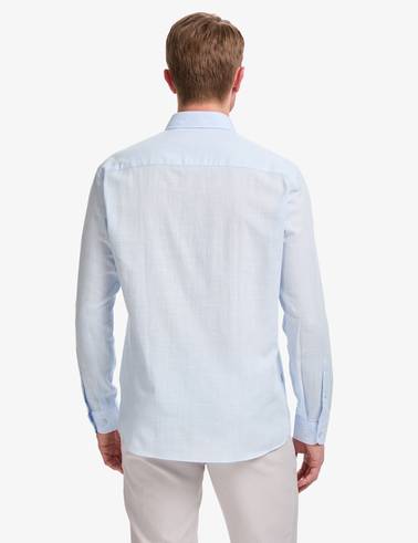 Açık Mavi %100 Pamuk Keten Görünümlü Slim Fit Uzun Kollu Gömlek