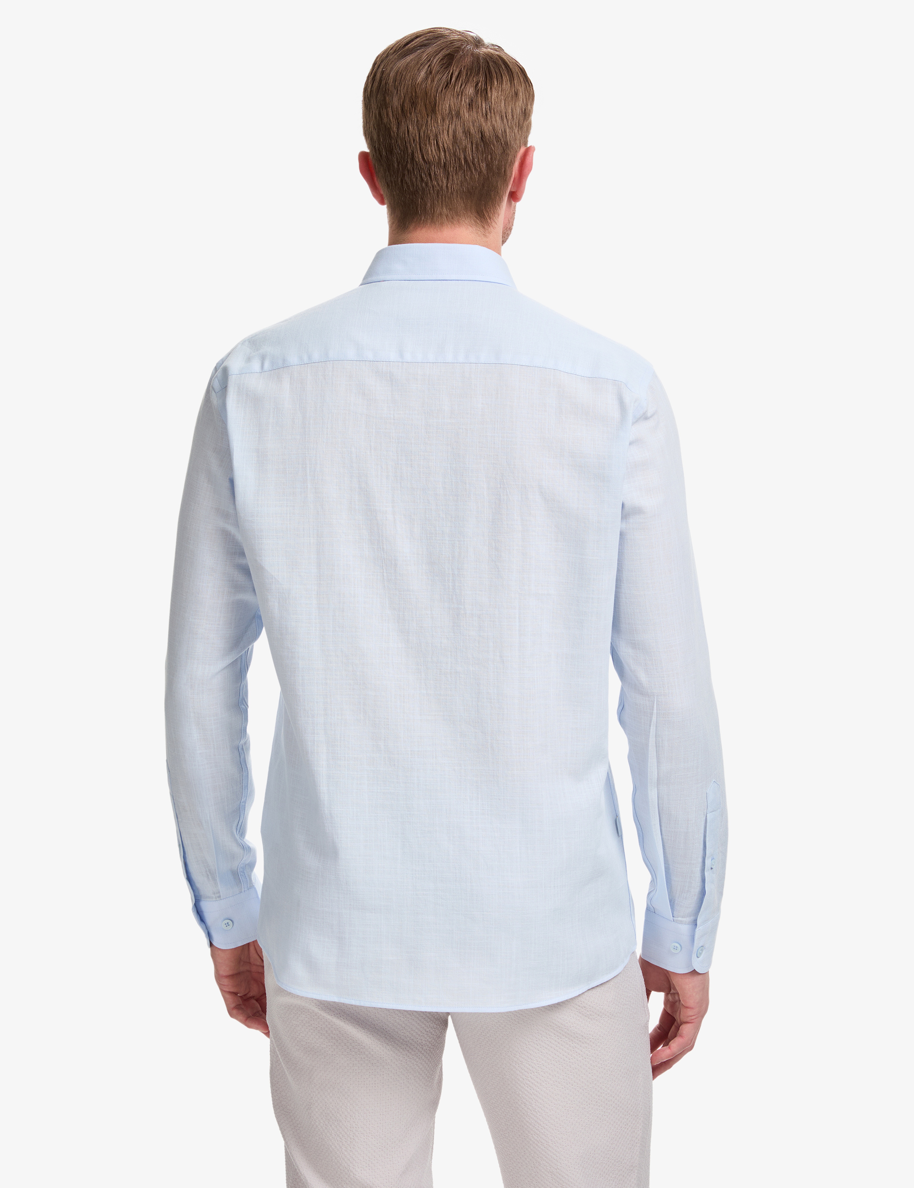 Açık Mavi %100 Pamuk Keten Görünümlü Slim Fit Uzun Kollu Gömlek - Image 5
