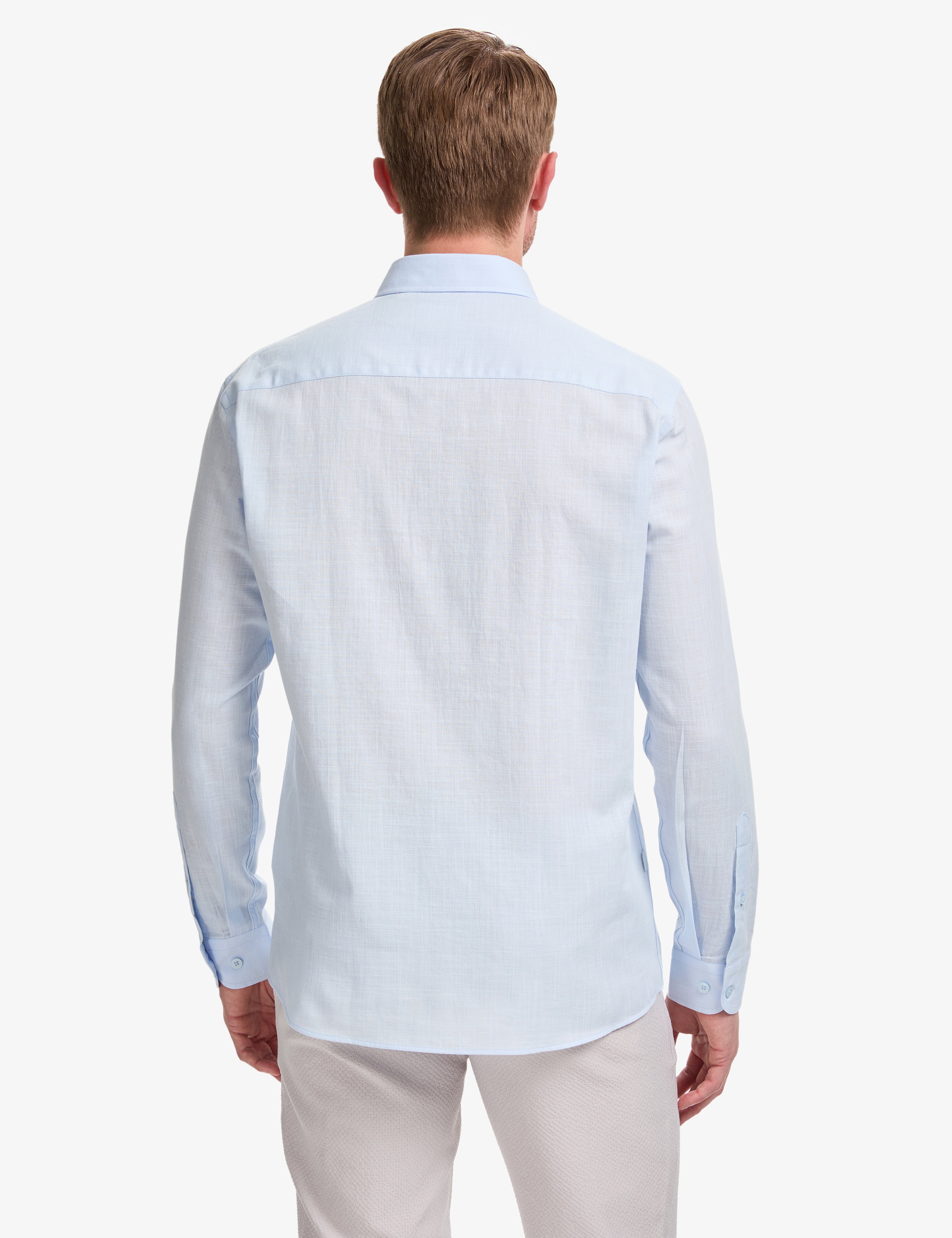 Açık Mavi %100 Pamuk Keten Görünümlü Slim Fit Uzun Kollu Gömlek