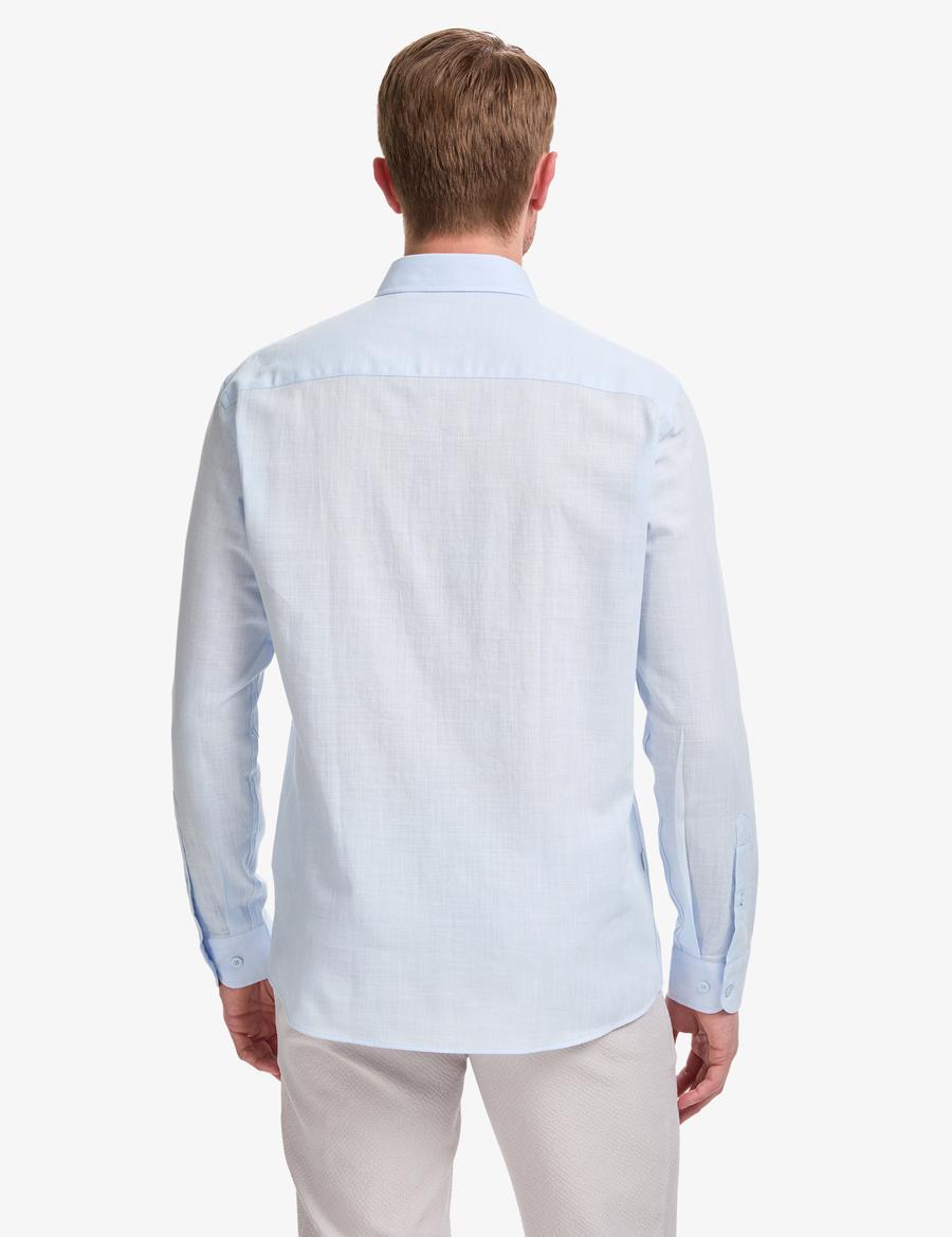 Açık Mavi %100 Pamuk Keten Görünümlü Slim Fit Uzun Kollu Gömlek