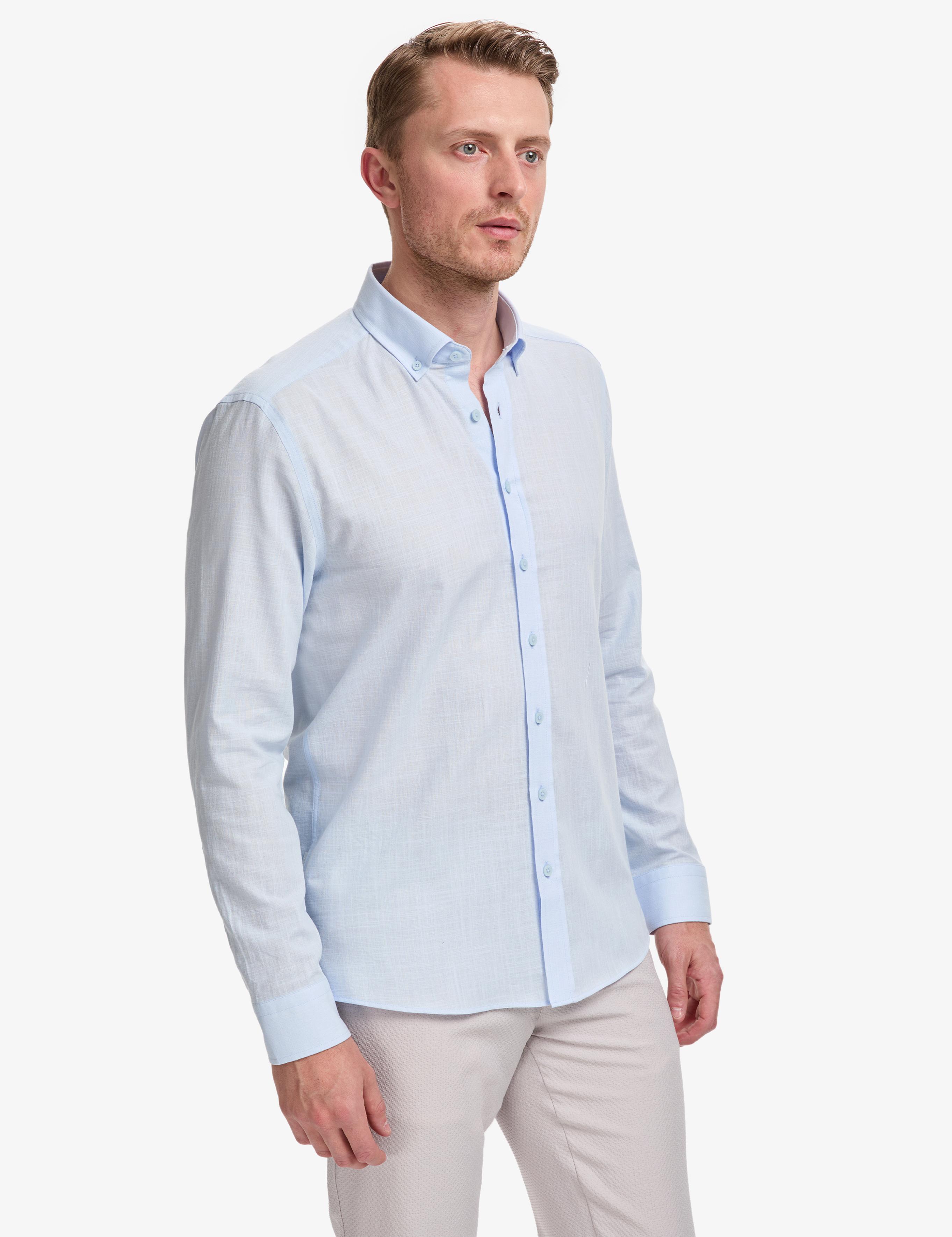 Açık Mavi %100 Pamuk Keten Görünümlü Slim Fit Uzun Kollu Gömlek