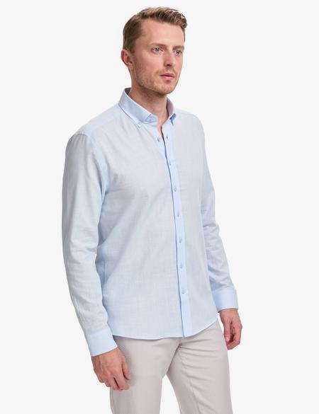 Açık Mavi %100 Pamuk Keten Görünümlü Slim Fit Uzun Kollu Gömlek - 50325355052