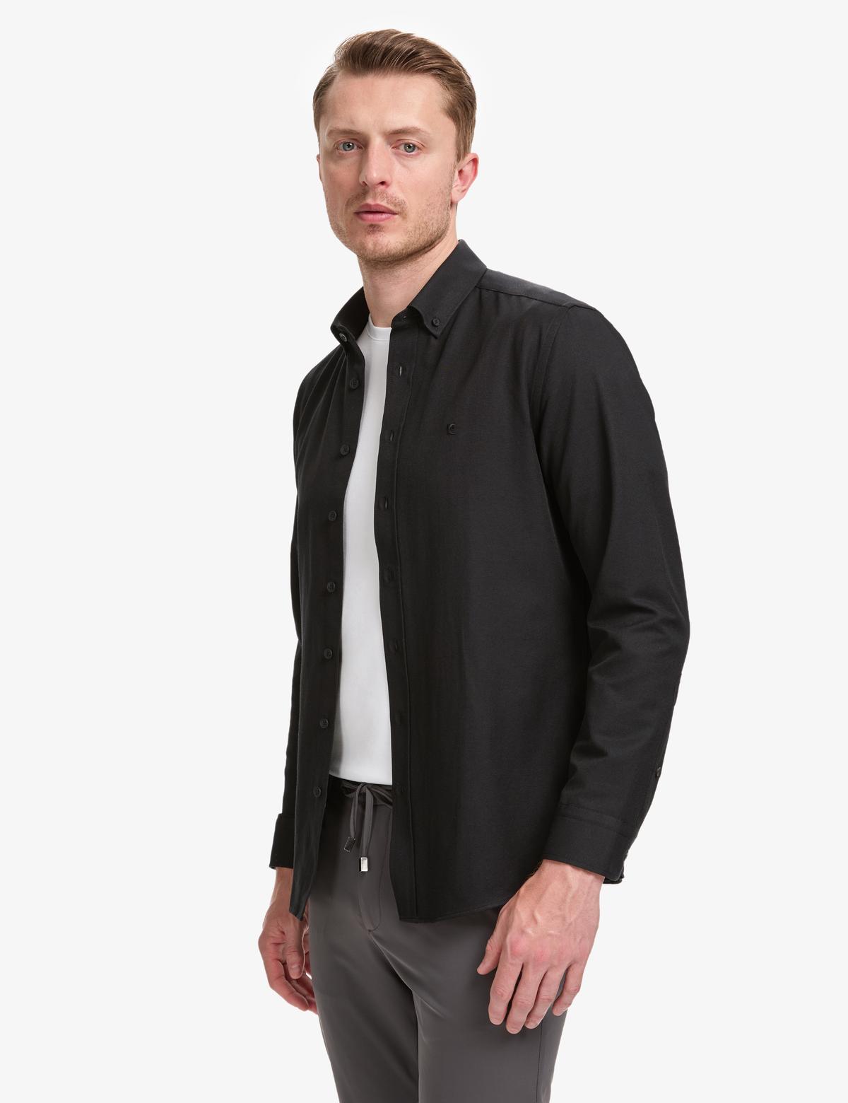Siyah Oxford Slim Fit Kolay Ütülenebilir Gömlek - 50325365033