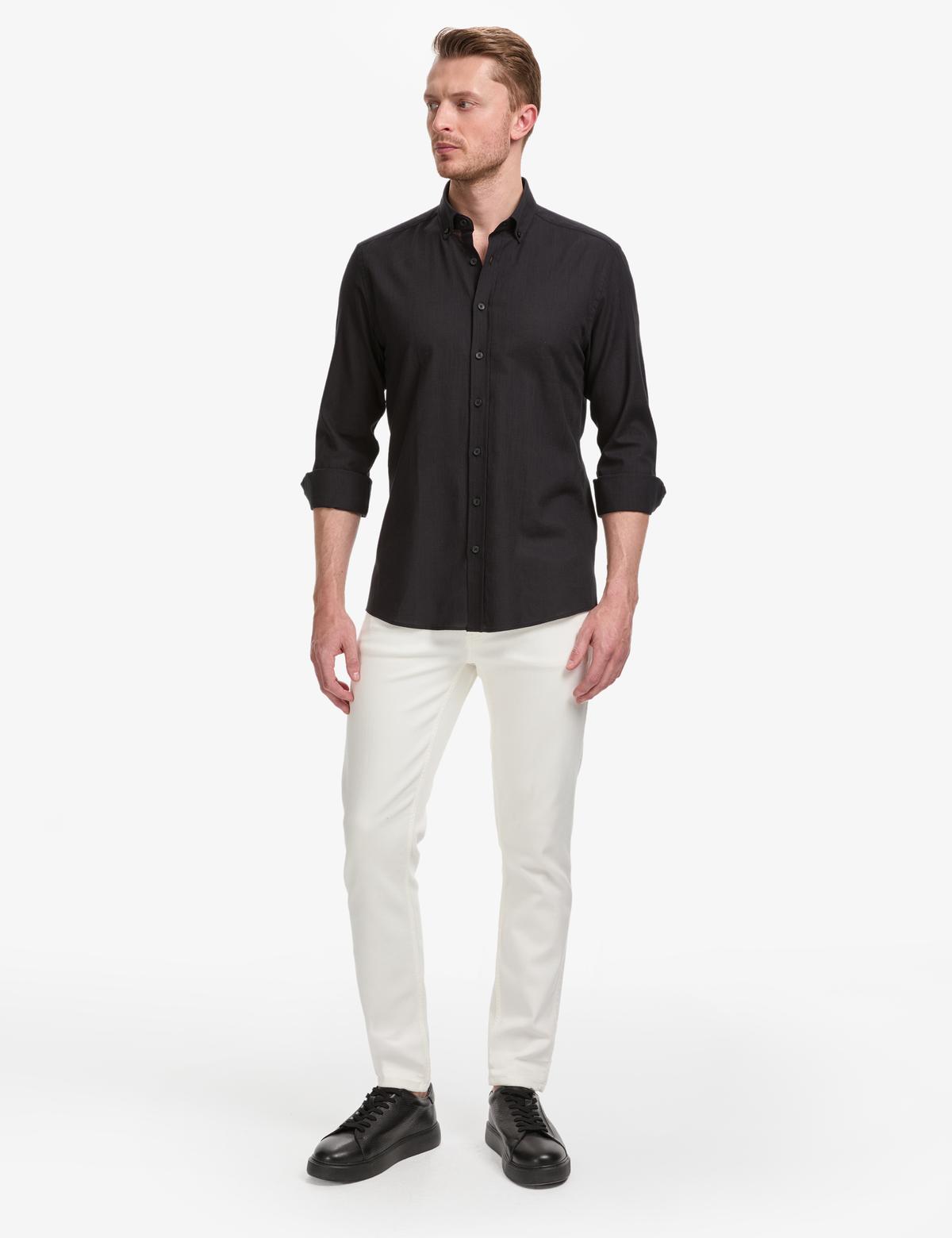Siyah %100 Pamuk Keten Görünümlü Slim Fit Uzun Kollu Gömlek - 50325355062