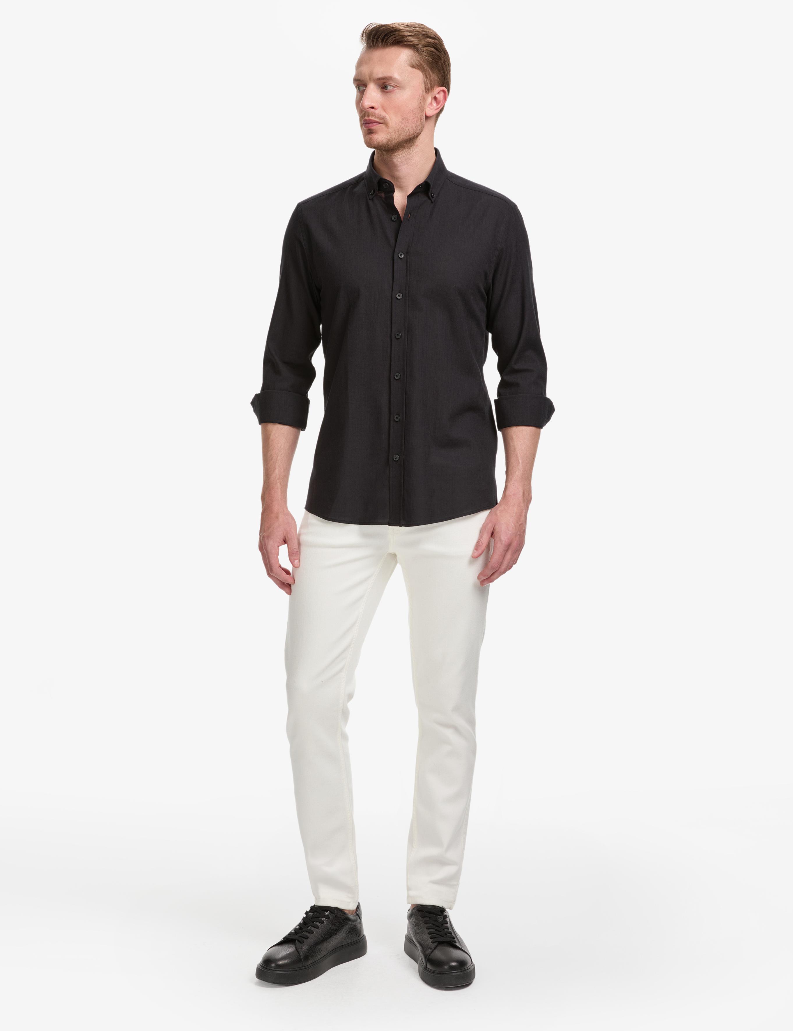 Siyah %100 Pamuk Keten Görünümlü Slim Fit Uzun Kollu Gömlek