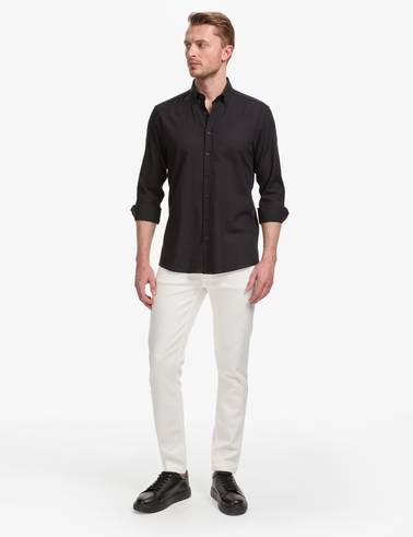 Siyah %100 Pamuk Keten Görünümlü Slim Fit Uzun Kollu Gömlek