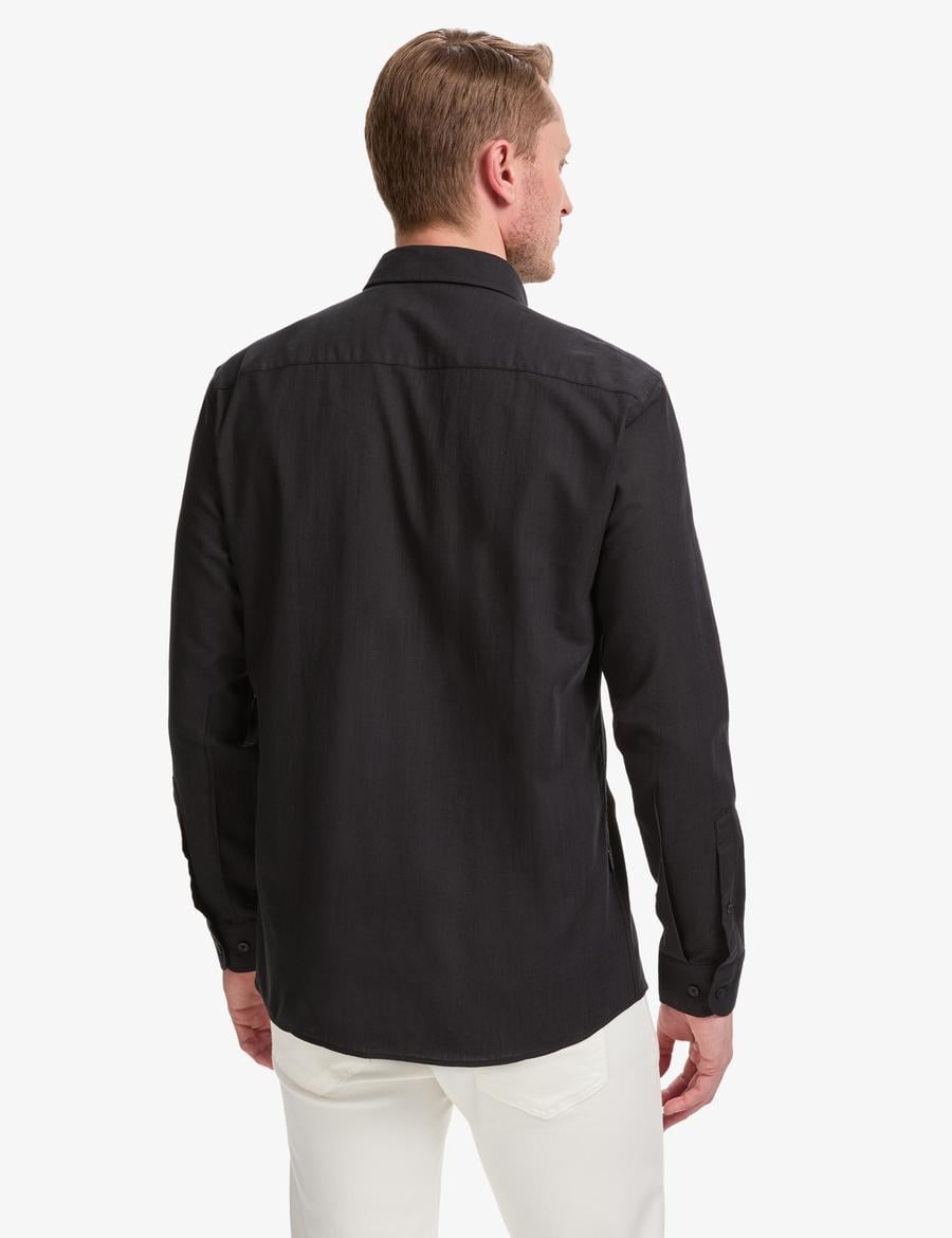 Siyah %100 Pamuk Keten Görünümlü Slim Fit Uzun Kollu Gömlek