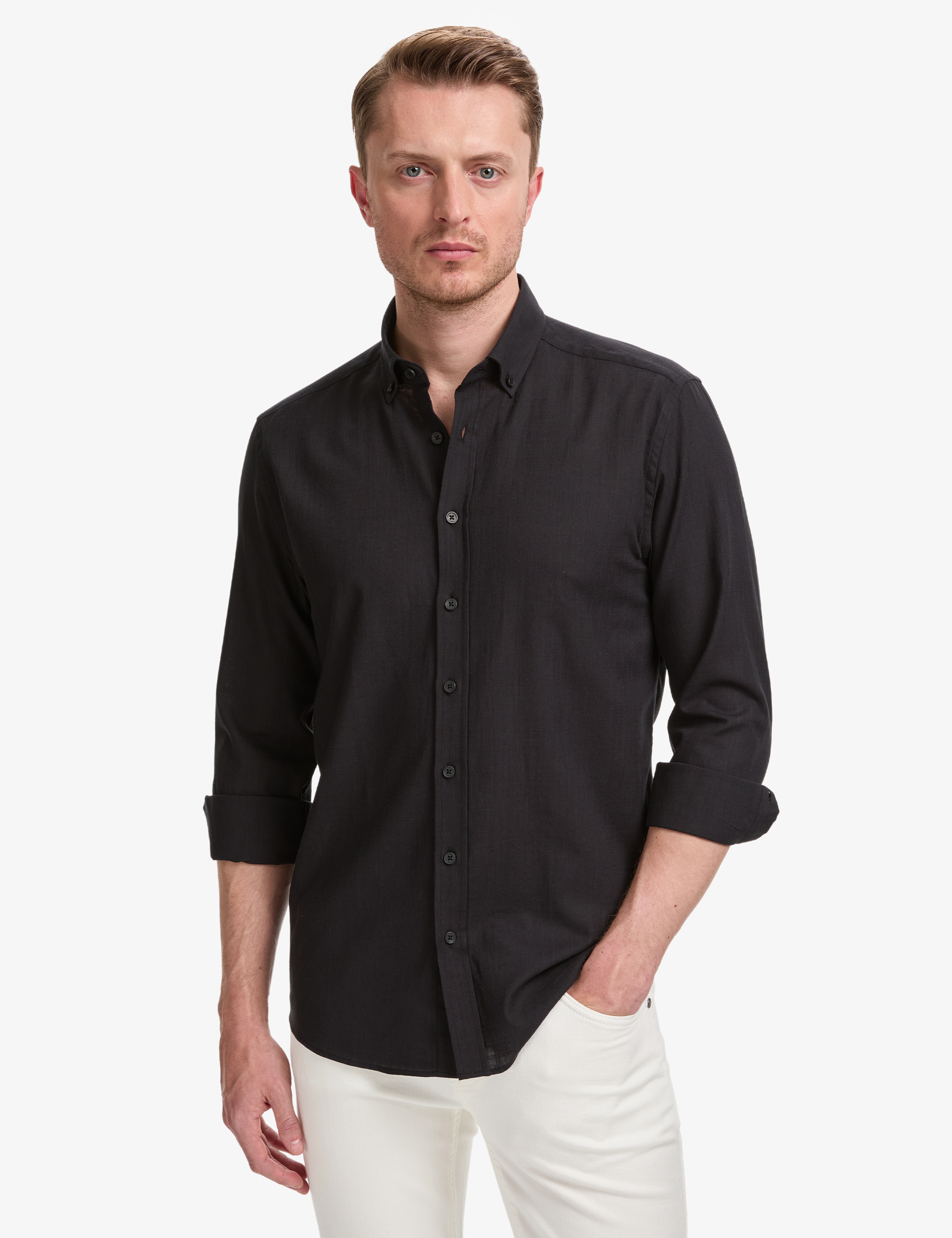 Siyah %100 Pamuk Keten Görünümlü Slim Fit Uzun Kollu Gömlek - Image 1