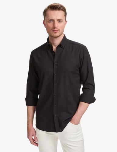 Siyah %100 Pamuk Keten Görünümlü Slim Fit Uzun Kollu Gömlek