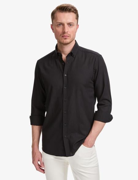 Siyah %100 Pamuk Keten Görünümlü Slim Fit Uzun Kollu Gömlek - 50325355062