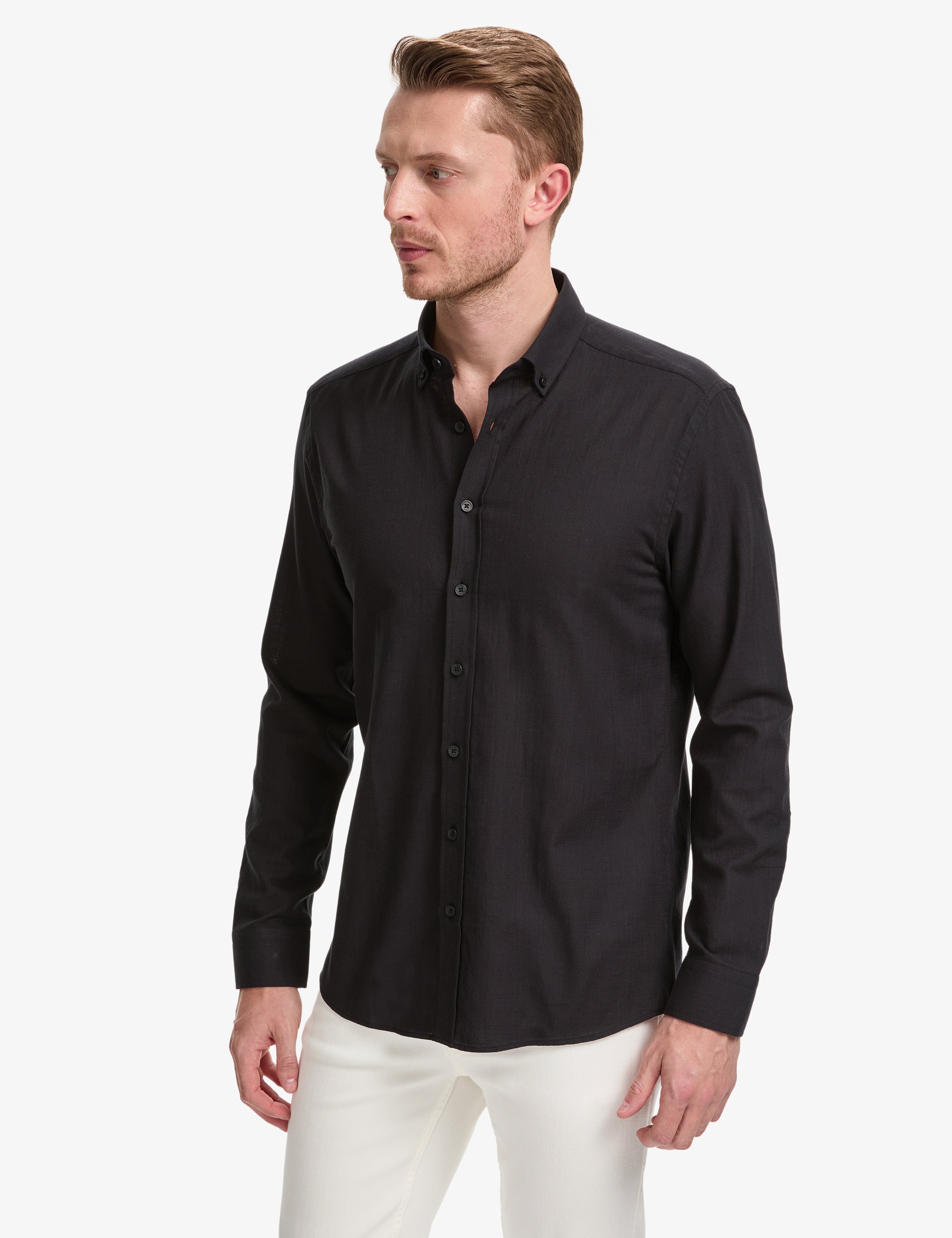 Siyah %100 Pamuk Keten Görünümlü Slim Fit Uzun Kollu Gömlek