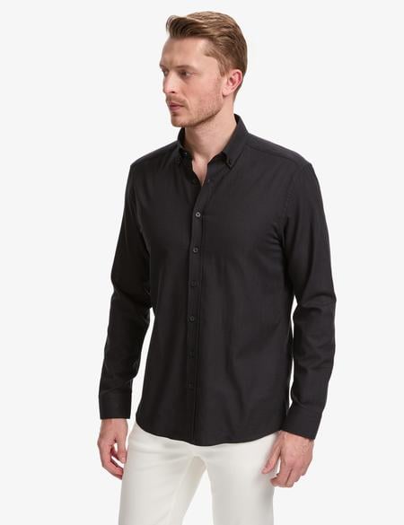 Siyah %100 Pamuk Keten Görünümlü Slim Fit Uzun Kollu Gömlek - 50325355062
